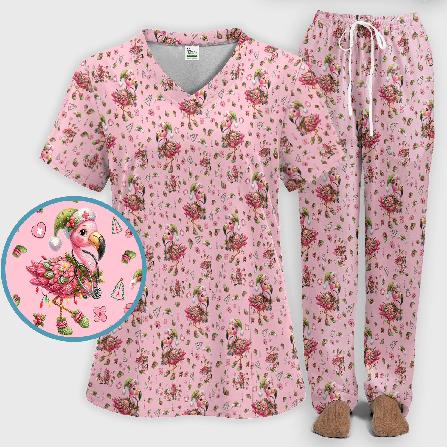 Pink Flamingo Christmas Scrub Set - Cute Flamingo Scrubs Pants and V Neck Top - Fun Christmas Medical Uniform