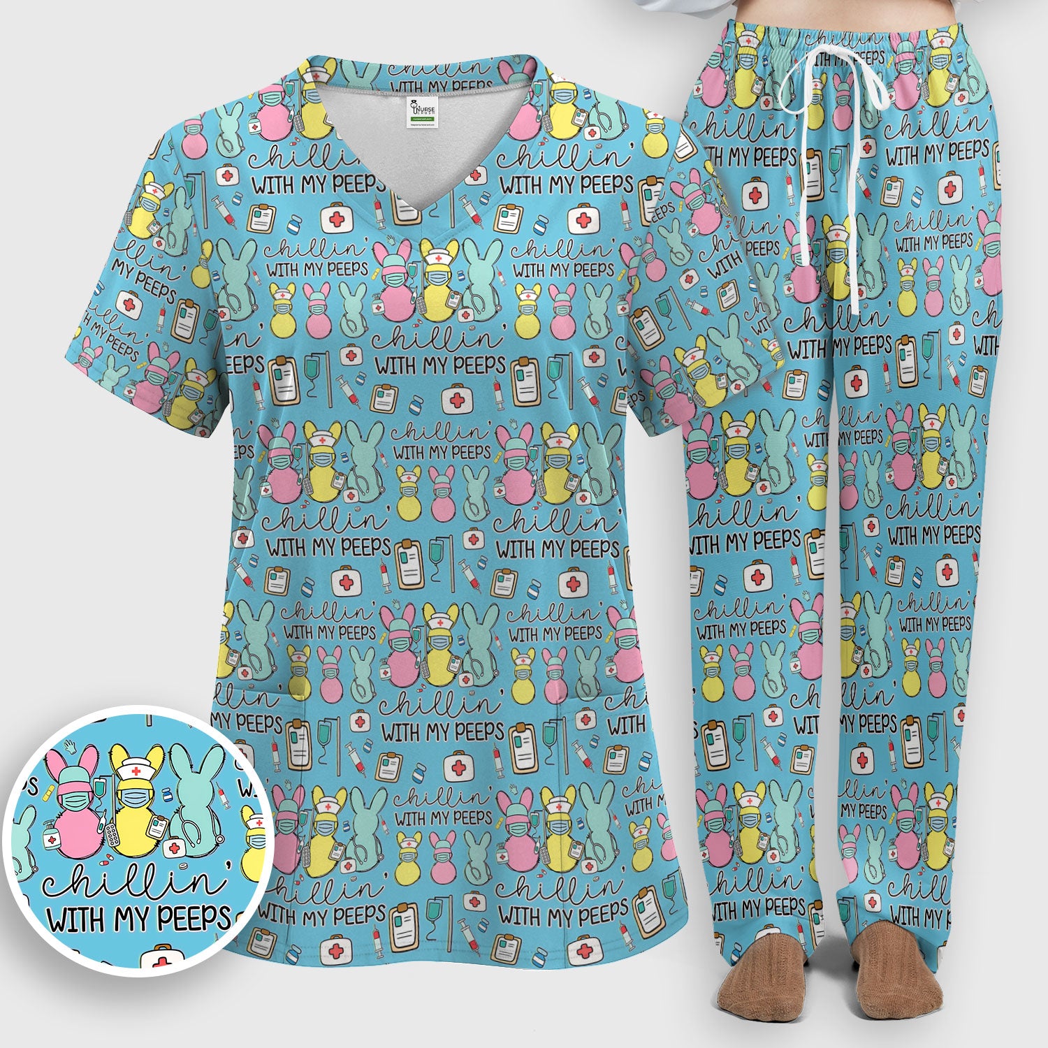 Cute Bunny Nurse Chillin With My Peeps Scrub, Women's Scrub Sets