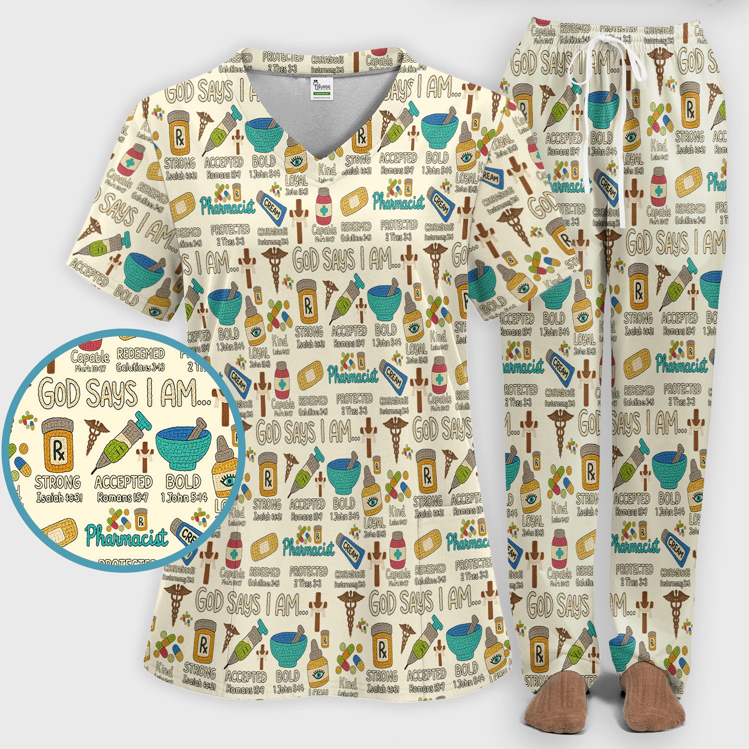 God Says I Am Pharmacist Scrub Set - Christian Pharmacy Scrubs Pants and V Neck Top for Women - Bible Verse Nurse Shirt