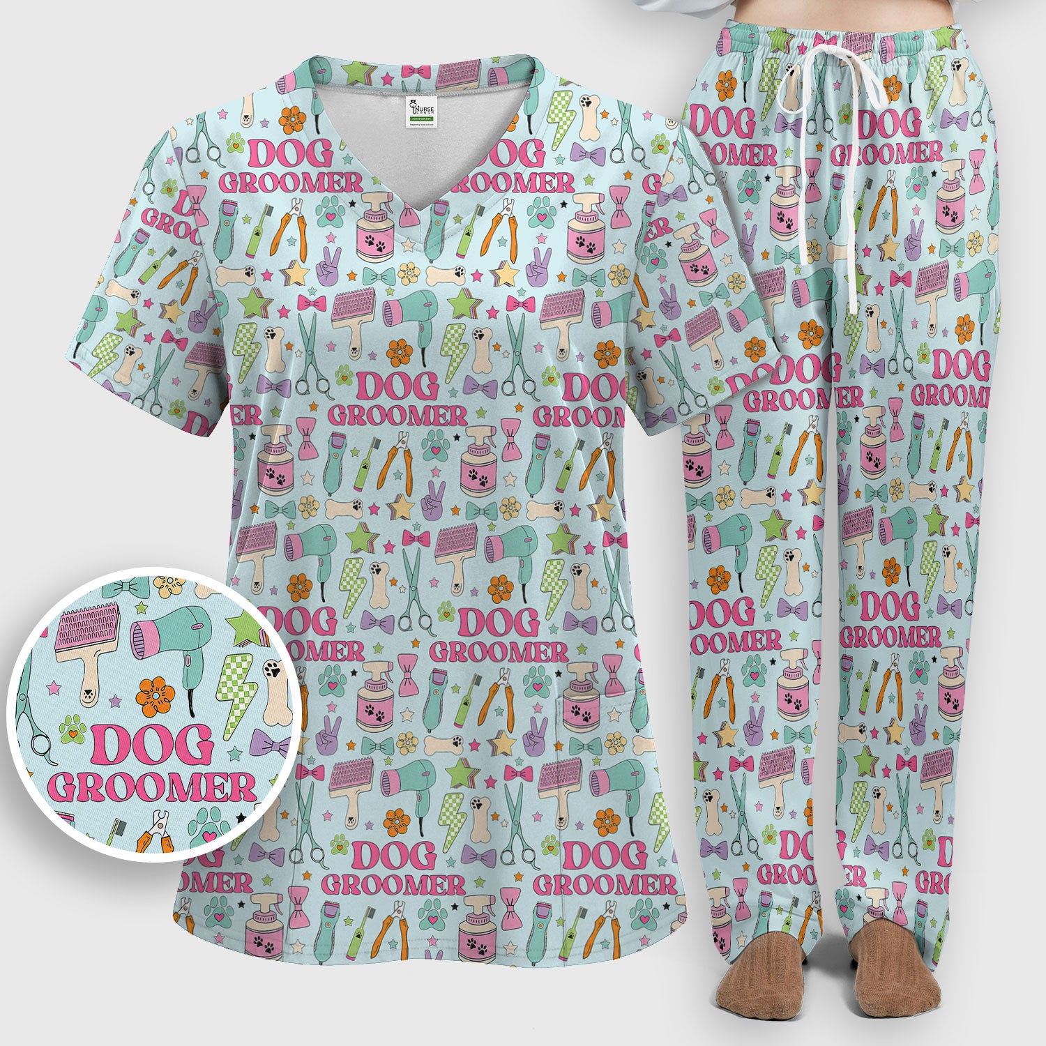 Dog Groomer Tools Pattern Women's Scrub Set, Scrub Pants and V Neck Top