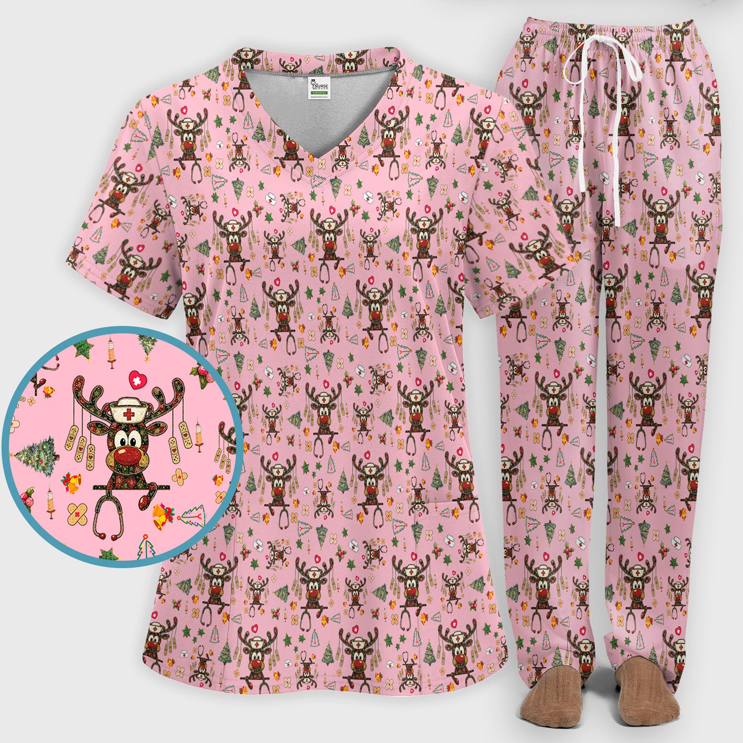Reindeer Christmas Nurse Scrub Set - Funny Holiday Scrubs Pants and V Neck Top - Cute Medical Uniform for Women
