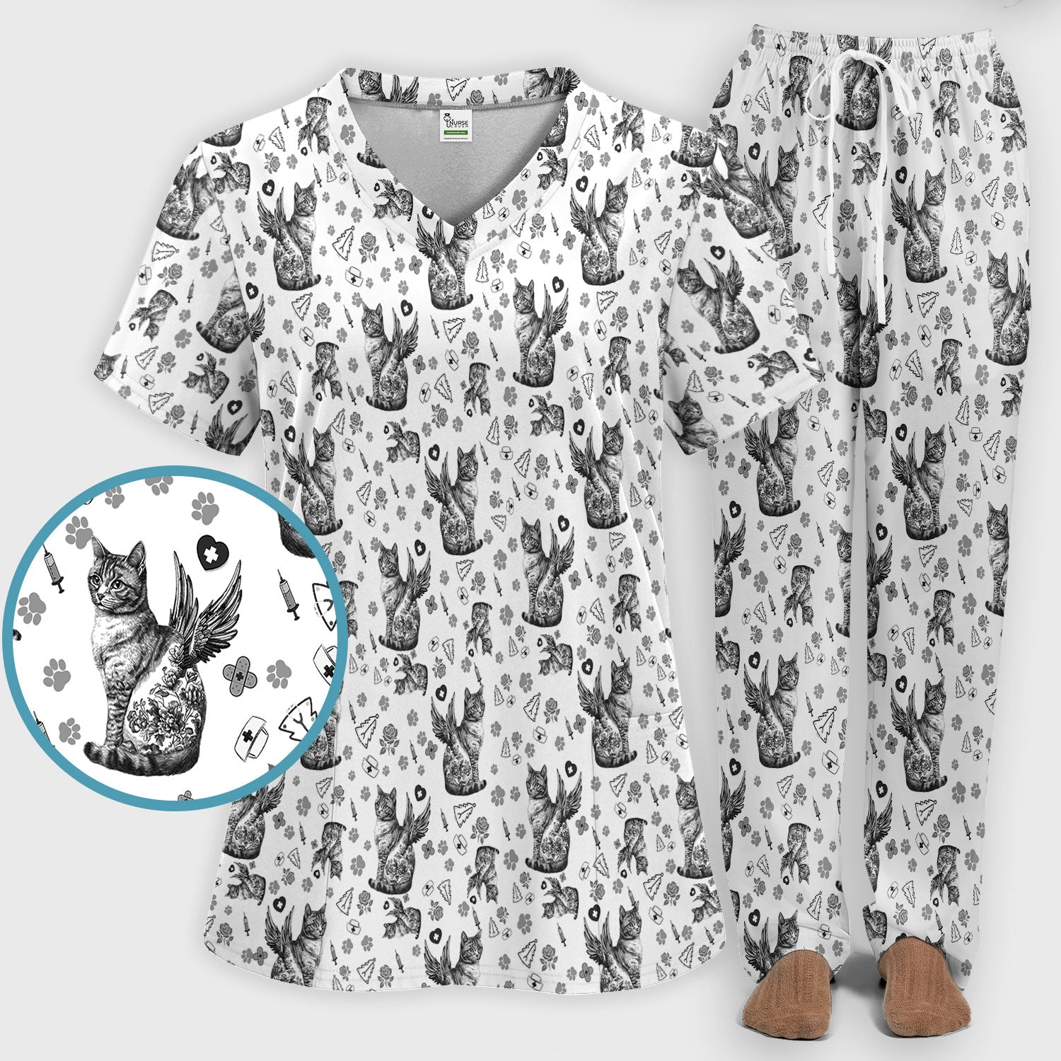 Toile de Jouy Cat Angel Scrub Set - Blue Vintage Nurse Pants and V Neck Top - French Style Medical Uniform for Women
