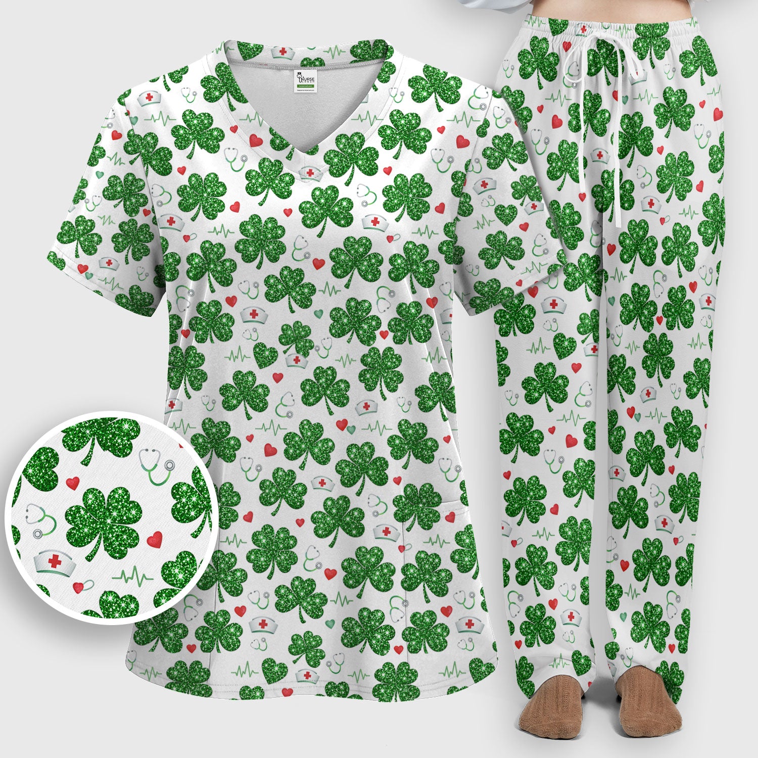 St. Patrick’s Day Nurse Scrub Set, Green Clover Medical Pattern Shirt, Breathable Fabrics Nursing Uniform