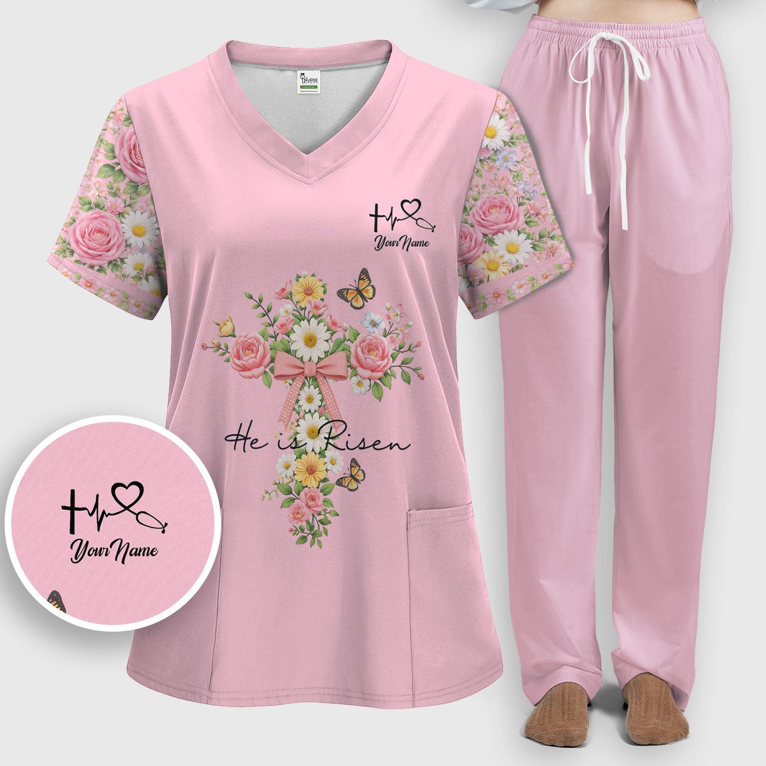 Personalized Meaningful Easter Nurse He Is Risen Floral Cross Bow Pattern Scrub Set, Women's Scrub Sets