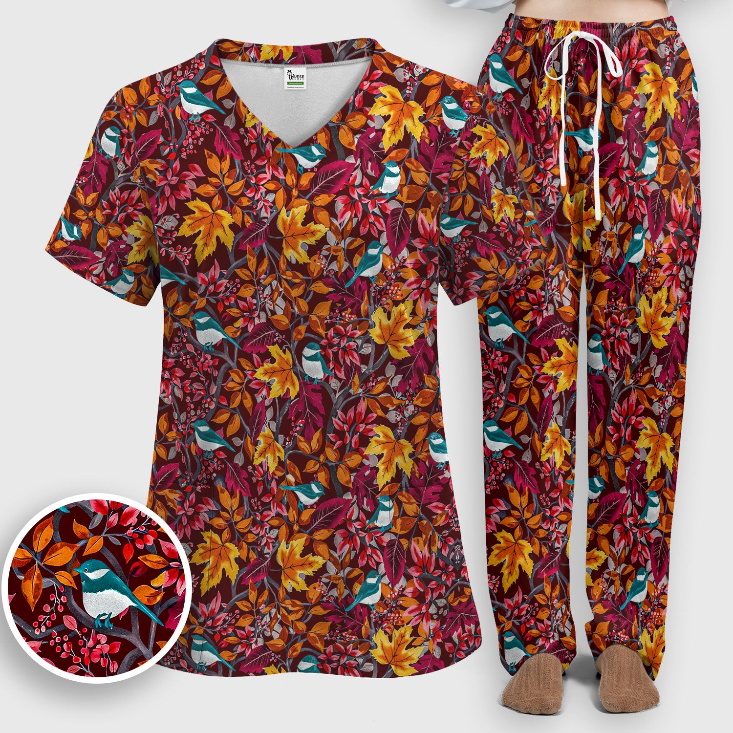 Autumn Leaves Blue Bird Pattern Print Set, Women's Scrub Sets