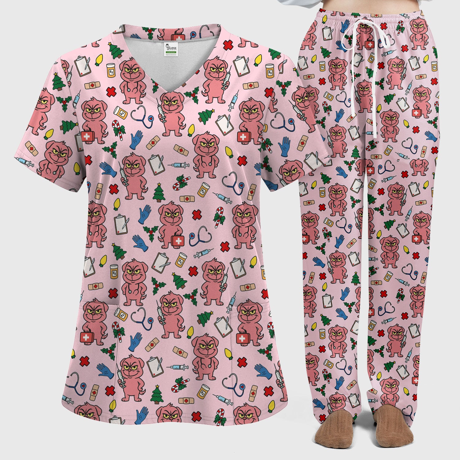 Christmas Scrub Set for Nurses - Funny Pink Dog Pattern - Holiday Nurse Scrubs with Tree, Bandage and Stethoscope Print