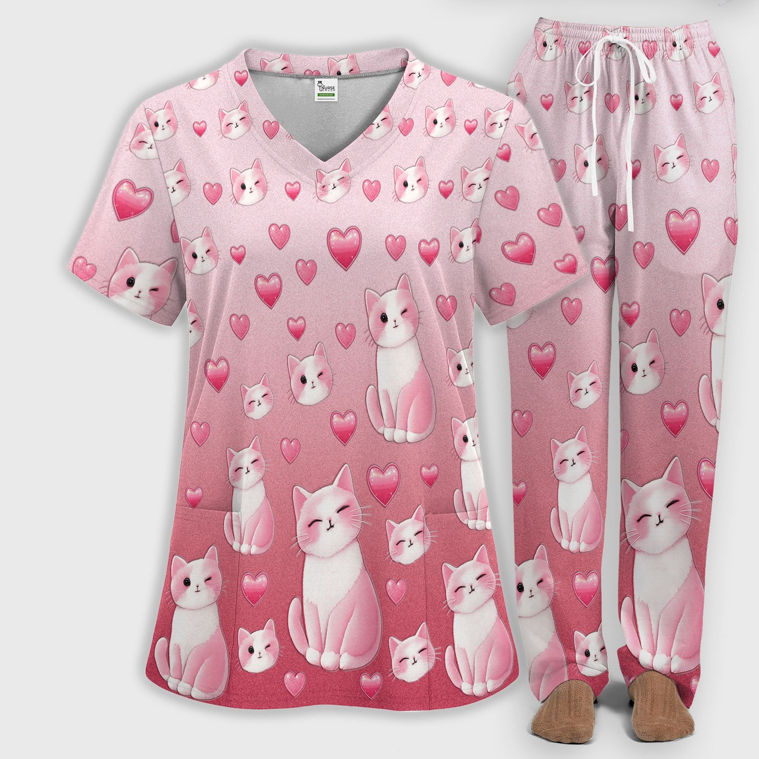 Valentine Cat Scrub Set, Cute Heart Pattern Nurse Shirt, Comfortable Scrubs For Nursing