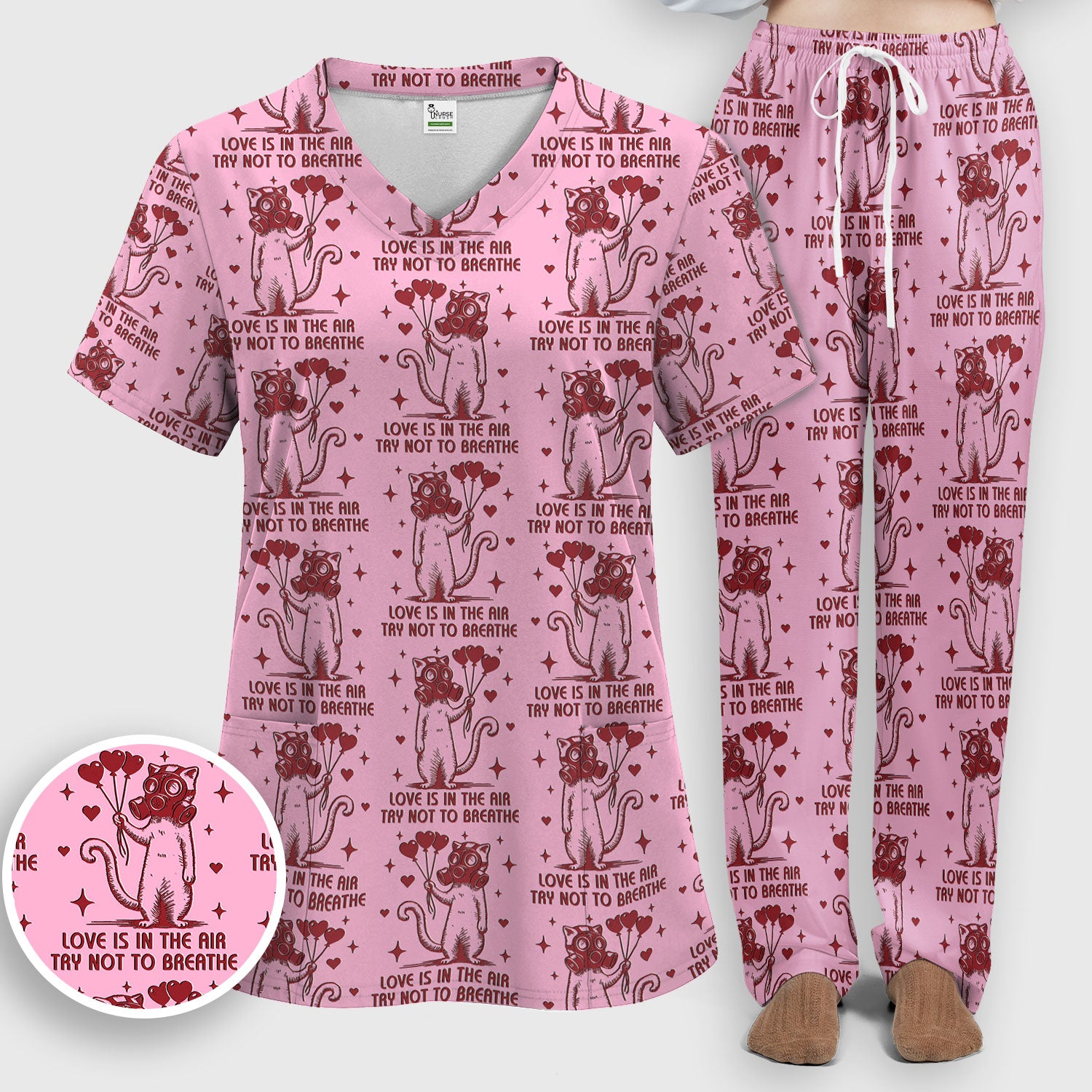 Gas Mask Cat Heart Balloon Valentine Print Scrub Set, Breathable Med Uniform