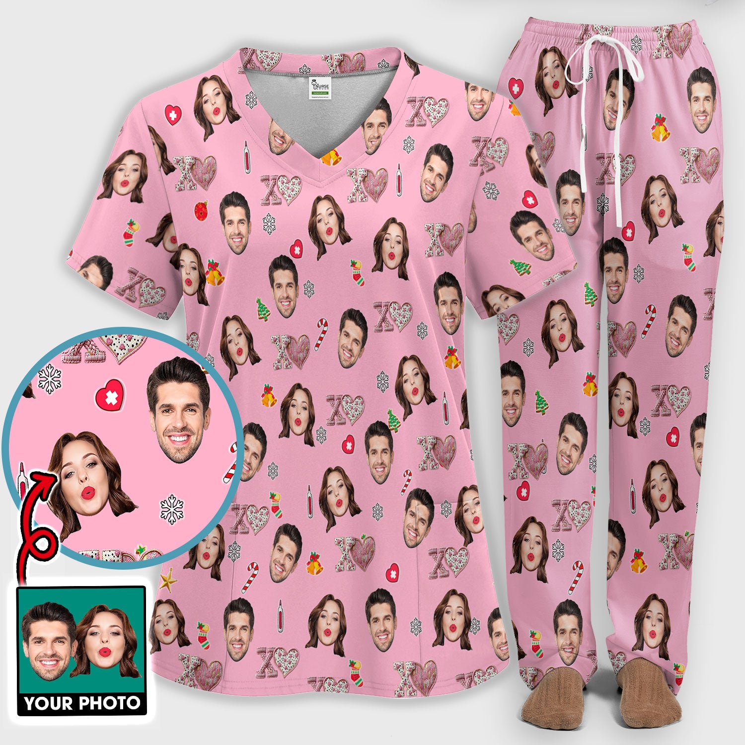 Custom Face Pattern XOXO Scrub Shirt, Personalized Photo Scrub Set, Breathable Fabrics Nursing Uniform