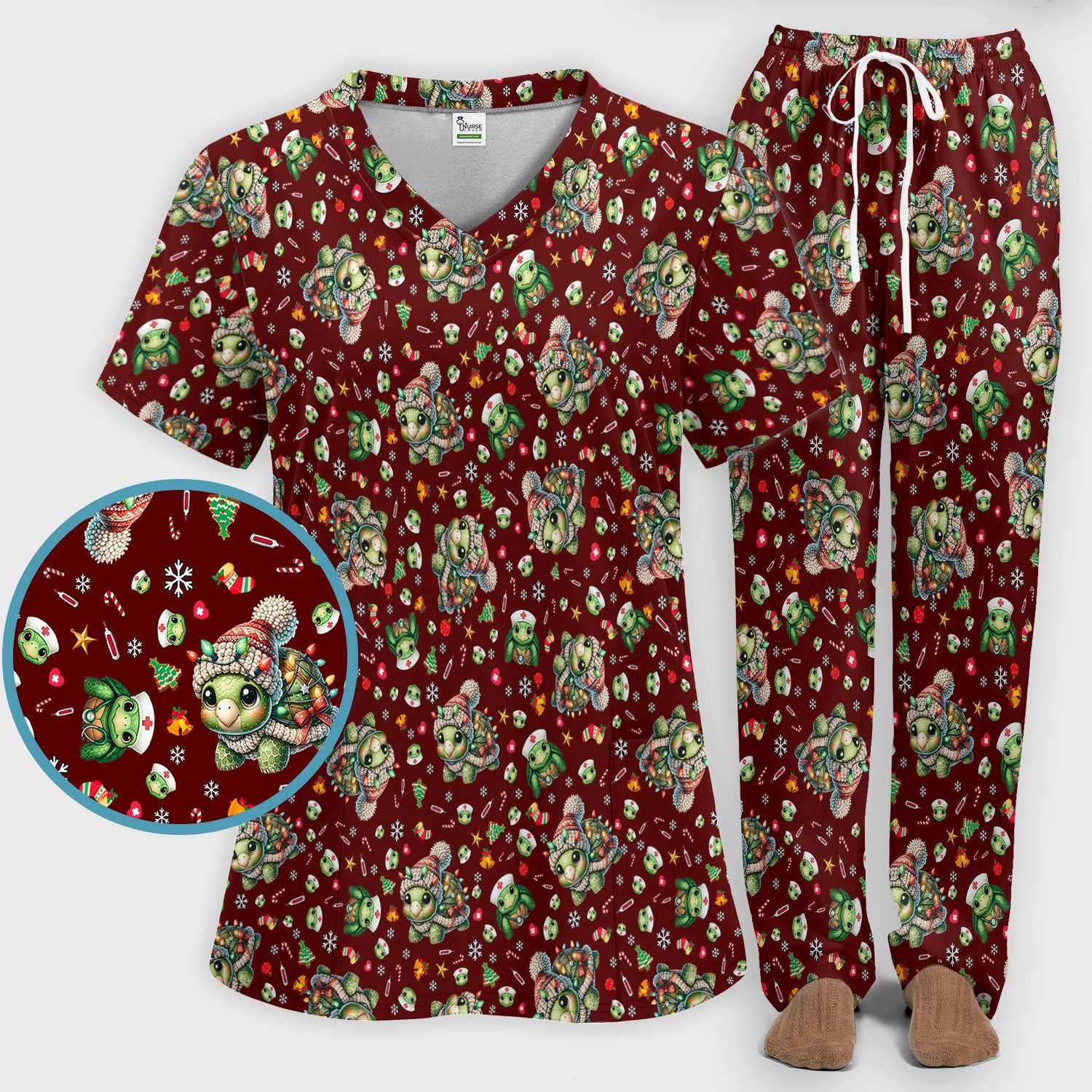 Christmas Turtle Scrub Set - Cute Funny Nurse Pants and V Neck Top - Holiday Medical Uniform for Women