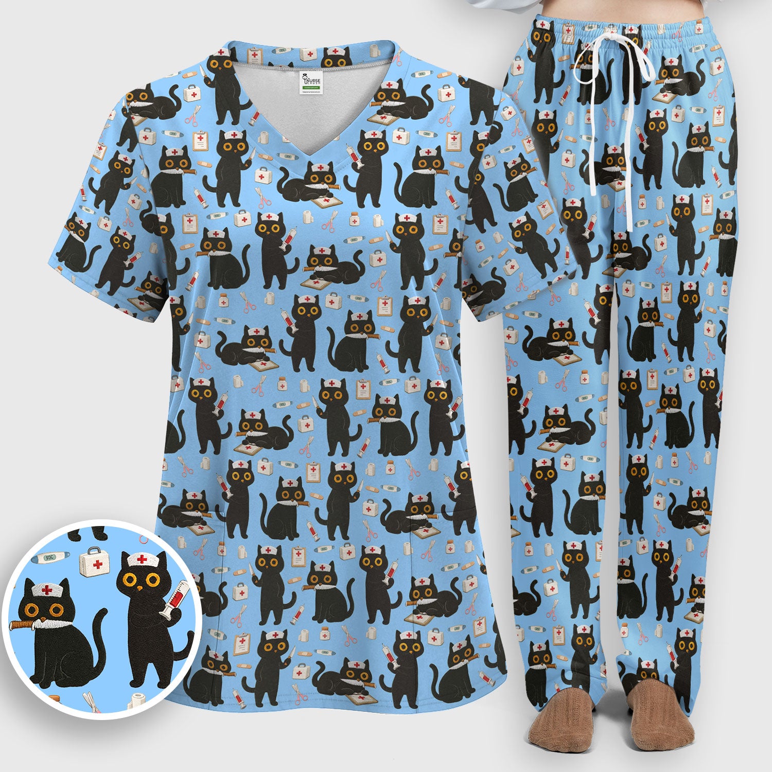 Cute Black Cat Nurse Pattern Women's Scrub Set, Breathable Med Uniform