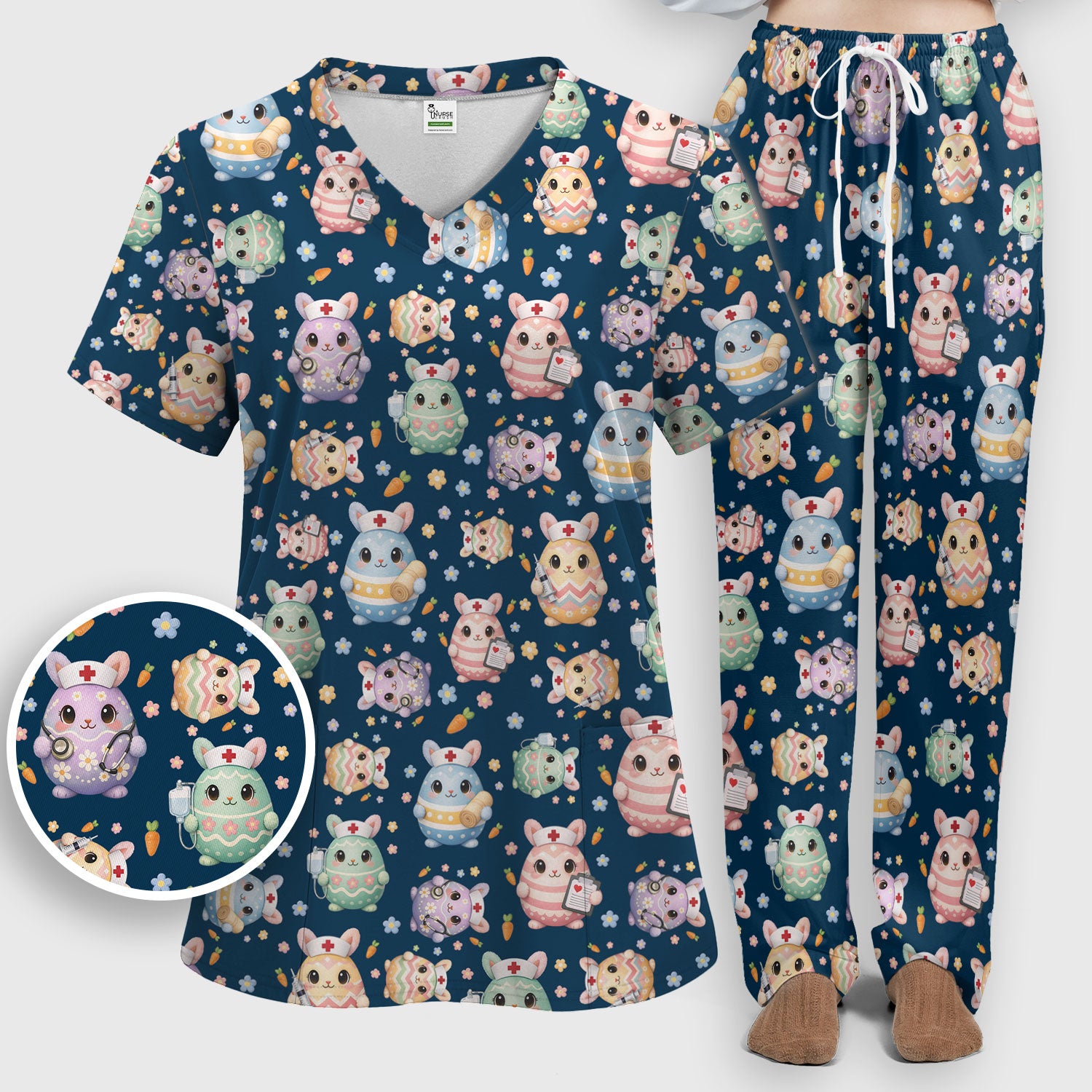 Cute Nurse Bunny Pastel Floral Print Women's Scrub Sets,  Breathable Med Uniform
