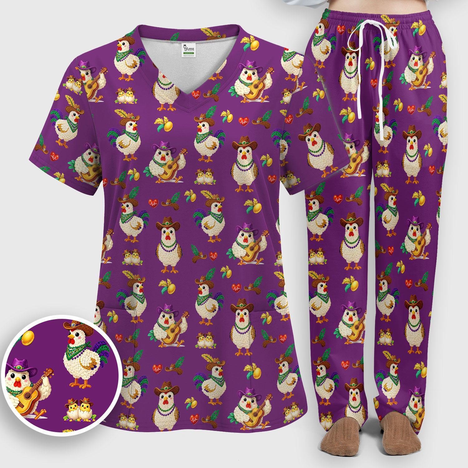 Funny Mardi Gras Rooster Cowboy Print Set, Women's Scrub Sets