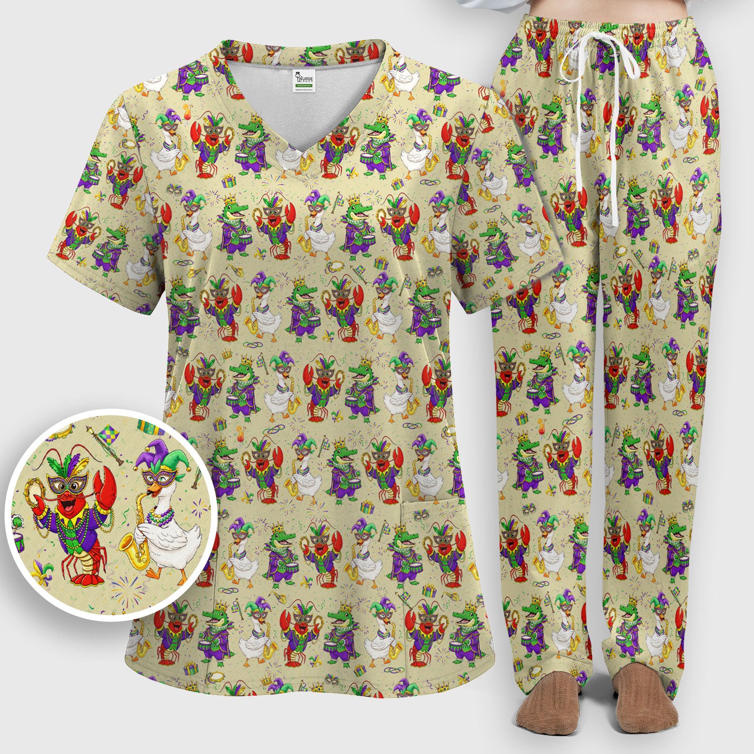 Crawfish And Duck Carnival Scrub Set, Mardi Gras Parade Pattern Nurse Shirt, Breathable Fabrics Nursing Uniform