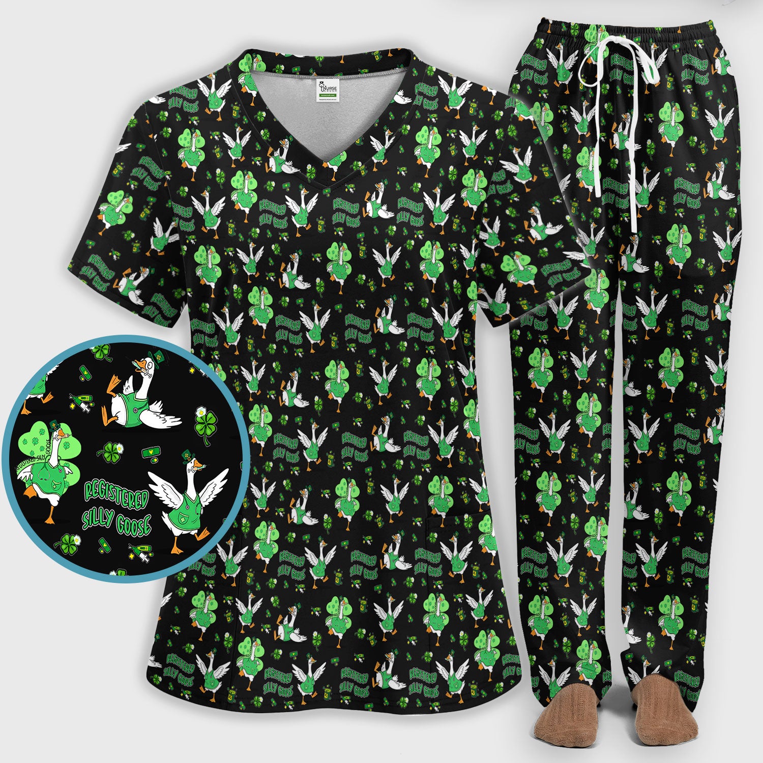 Silly Goose St. Patrick’s Day Scrub Set, Funny Goose Shamrock Pattern Nurse Scrub Shirt, Irish Green Nursing Uniform