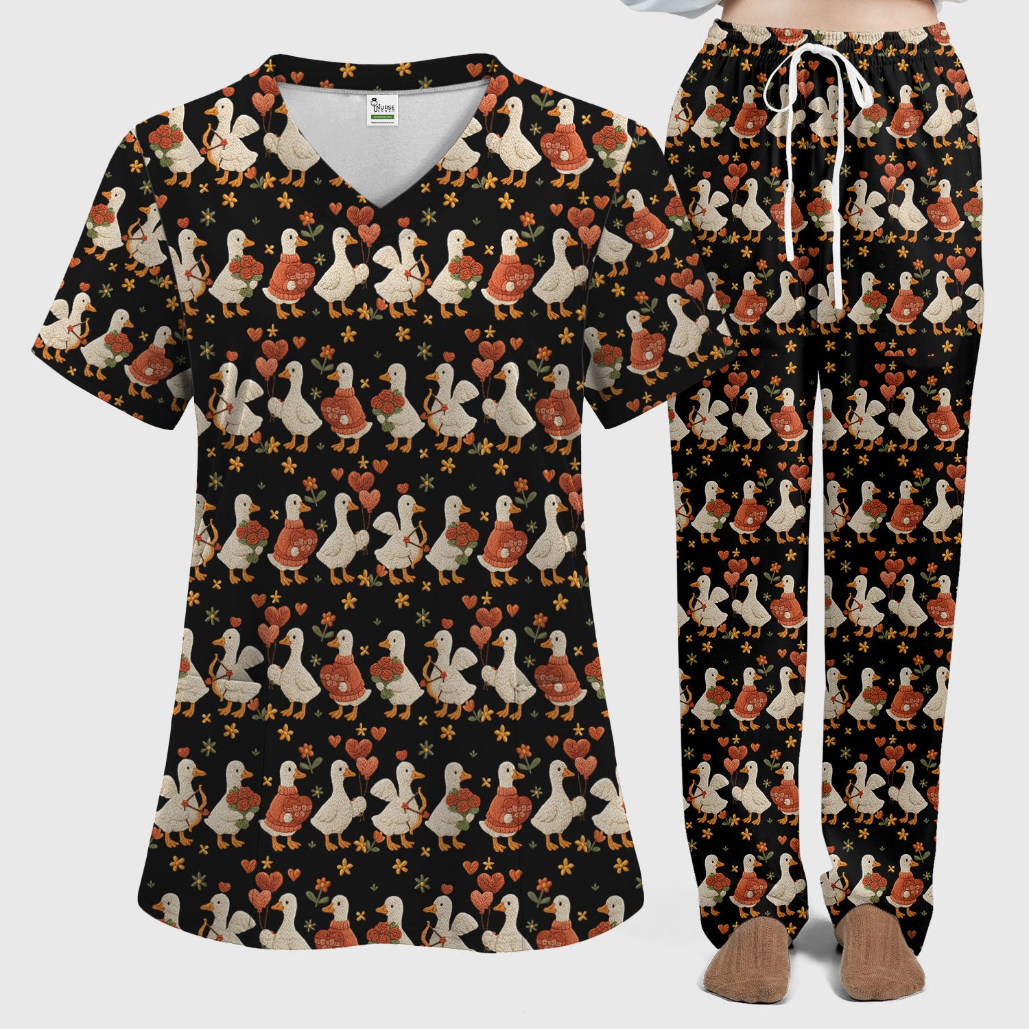 Cute Goose Nurse Scrub Set, Valentine Farm Medical Pattern Shirt, Breathable Fabrics Nursing Uniform