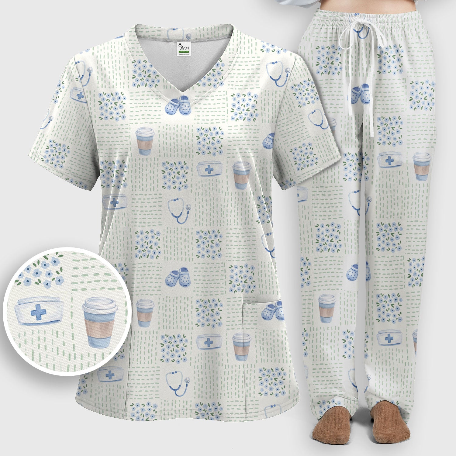 Cute Medical Essentials Pattern Scrub Set, Scrub Pants and V Neck Top