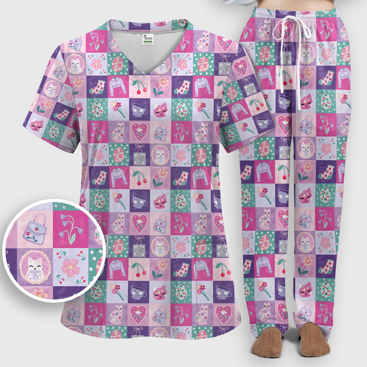 Pastel Cat Patchwork Scrub Set,  Kawaii Floral Scrub Pants and V Neck Top