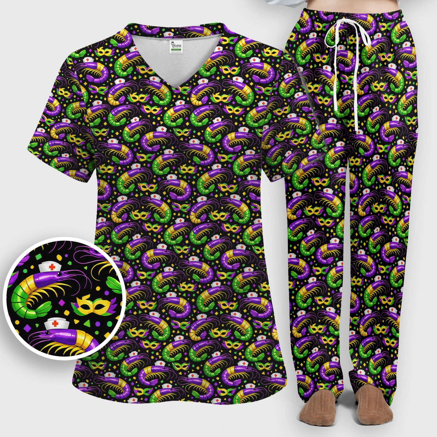 Mardi Gras Pattern Scrub Set, Crawfish Carnival Medical Nurse Scrub Shirt, Breathable Fabrics Nursing Uniform