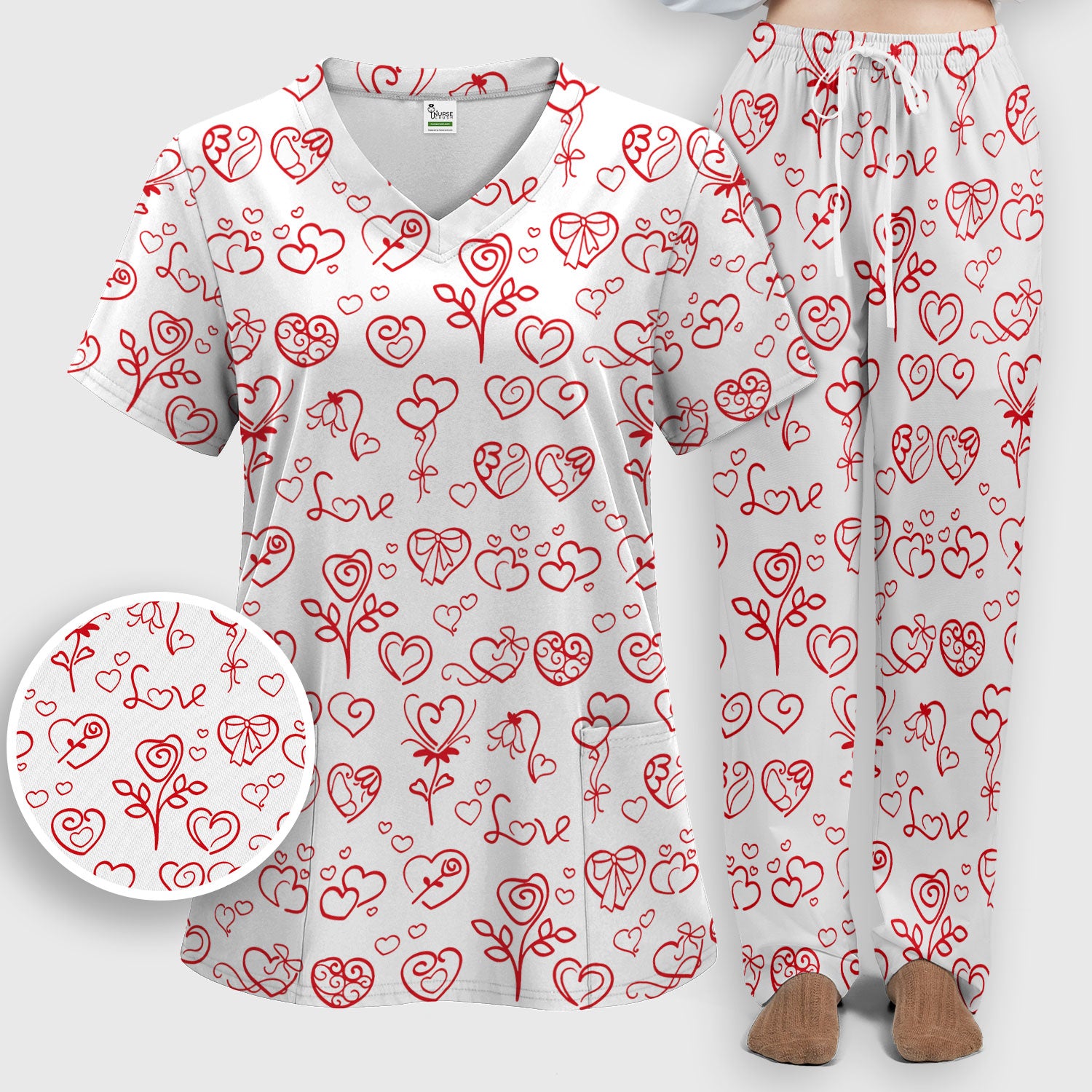 Cute Valentine Heart Scrub Set, Artistic Heart Pink Love Line Art Pattern Nurse Shirt, Comfortable Scrubs For Nursing