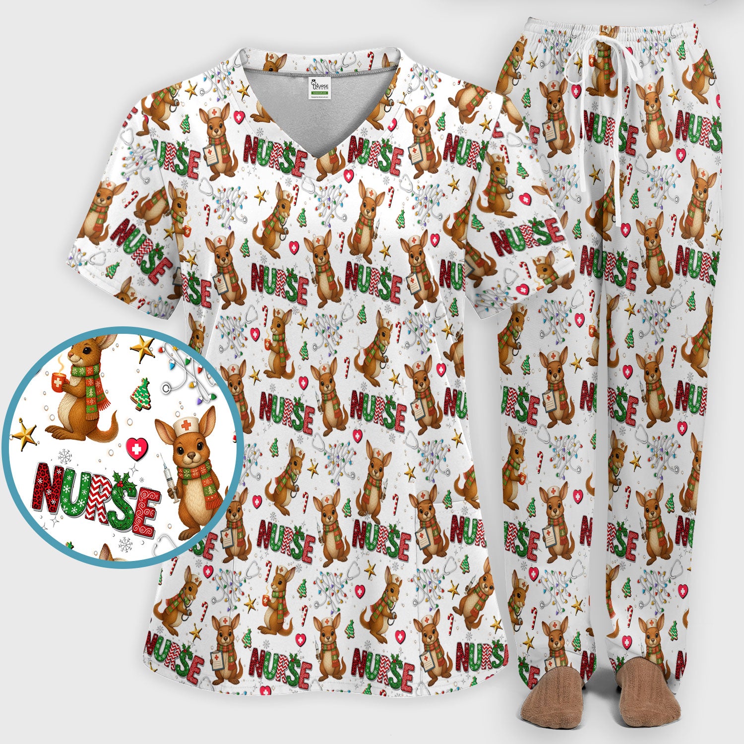 Aussie Kangaroo Christmas Scrub Set - Funny Holiday Nurse Shirt and Pants for Women - Cute Animal Medical Uniform