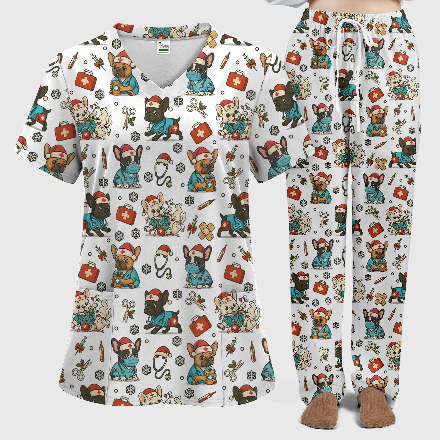 Christmas Dog Nurse Scrub Set for Women - Cute French Bulldog Pattern Scrub Top and Pants - Funny Holiday Nursing Outfit Gift for RN LPN CNA