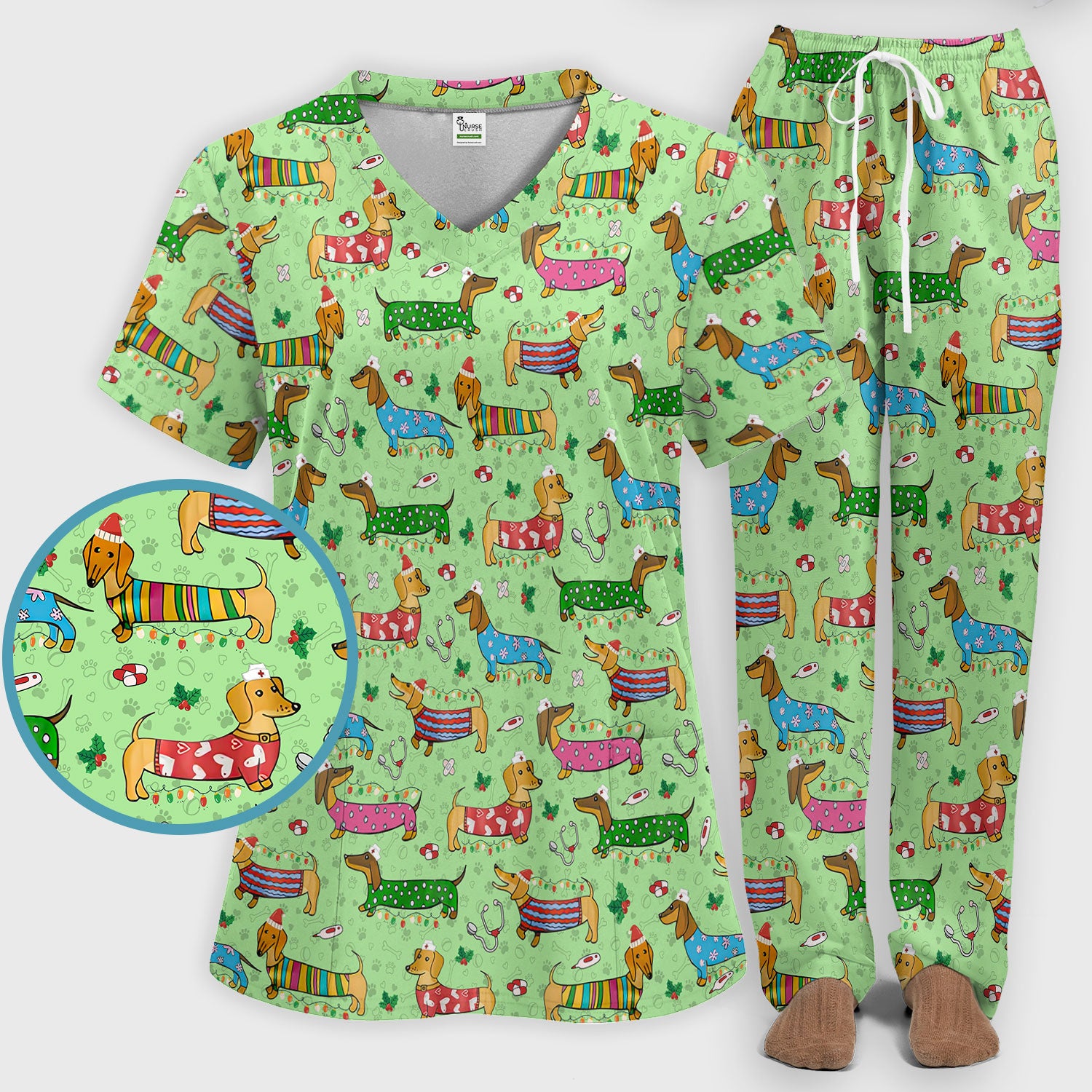 Christmas Scrub Set for Women - Funny Dachshund Scrubs Pants and V Neck Top - Cute Holiday Medical Uniform Gift for RN LPN CNA