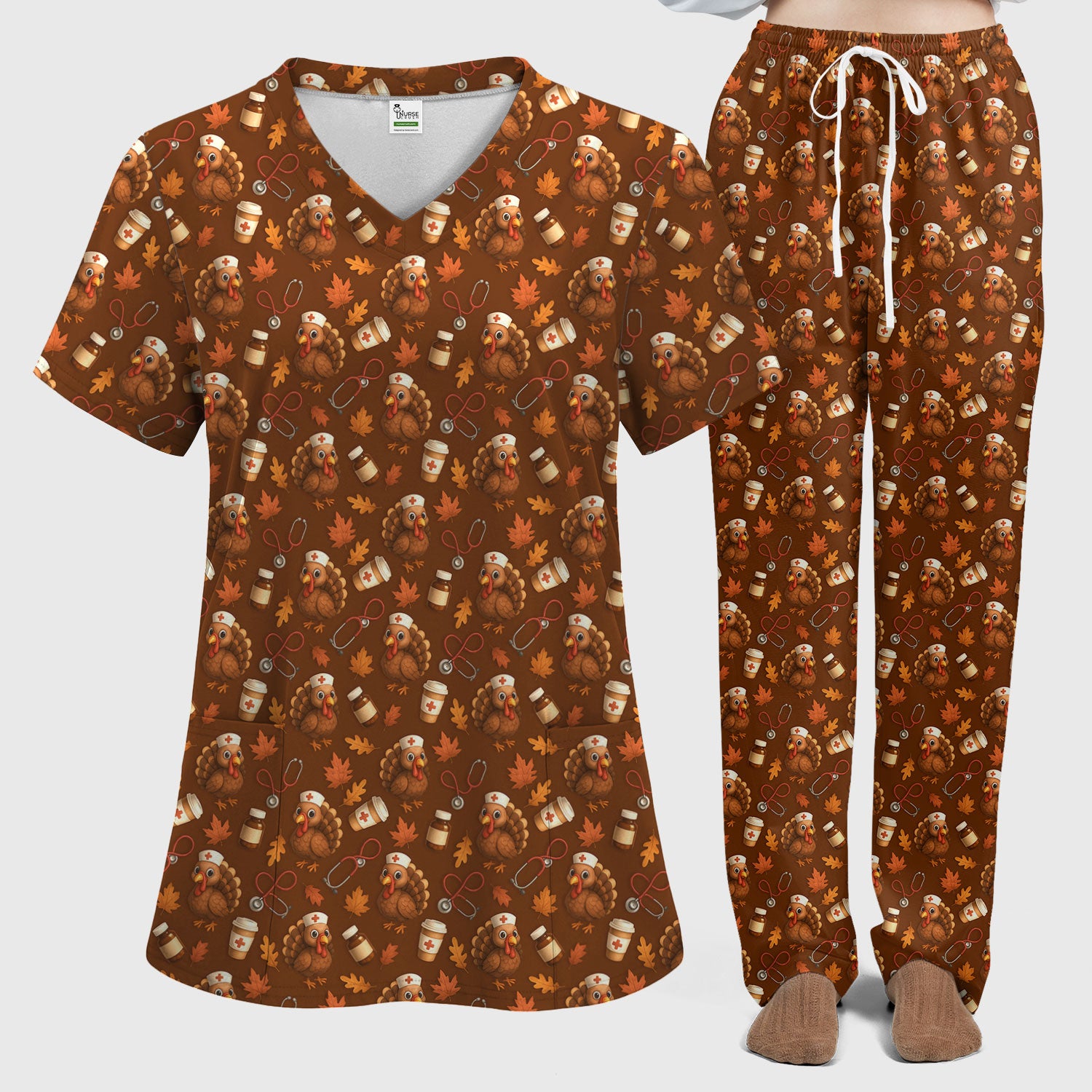 Turkey Pattern Thanksgiving Scrub Set - Fall Leaves and Nurse Tools Print Scrubs - Fun Autumn Medical Pants and Top Gift for RN CNA LPN