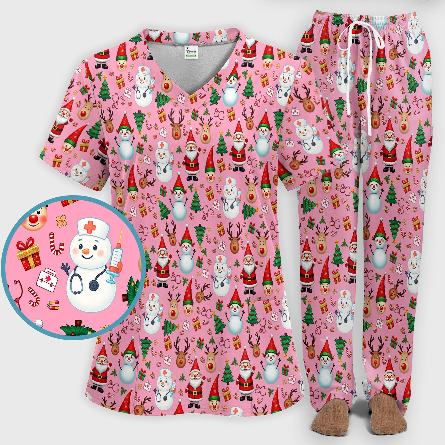 Christmas Scrub Set for Nurses - Cute Snowman Reindeer Santa Pattern - Holiday Medical Uniform RN CNA LPN Gift