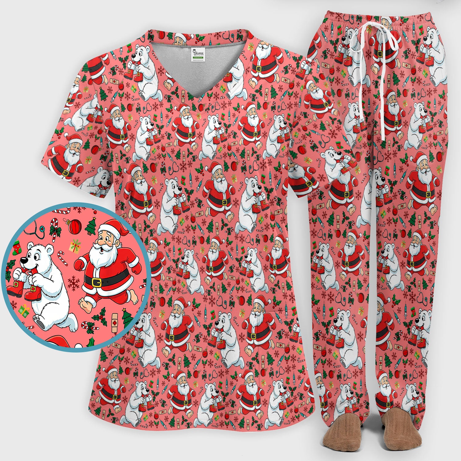Christmas Santa & Polar Bear Scrub Set - Funny Holiday Nursing Pants and V Neck Top - Cute Winter Medical Uniform