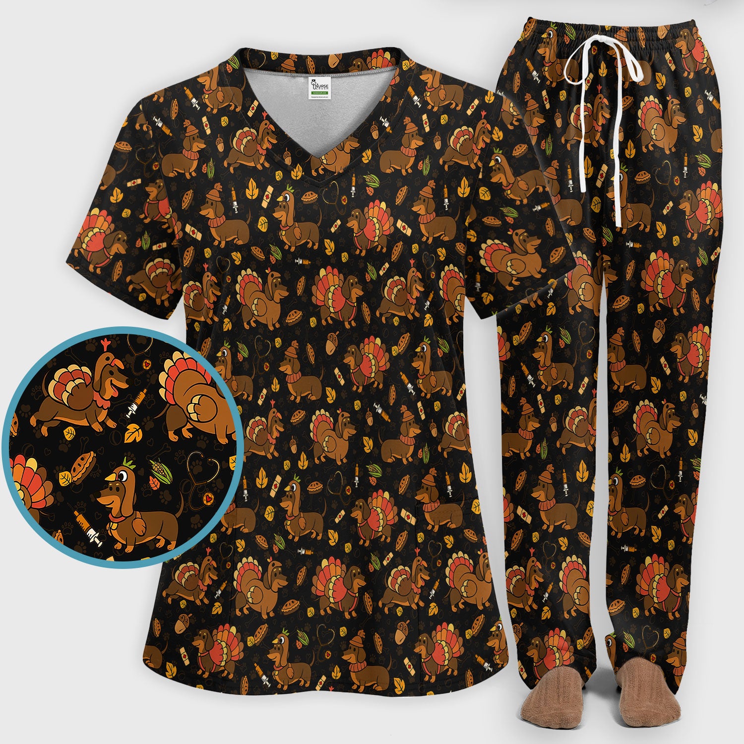 Thanksgiving Dachshund Scrubs Set - Cute Dog Turkey Medical Uniform for Nurses - Funny Holiday Gift for RN CNA LPN