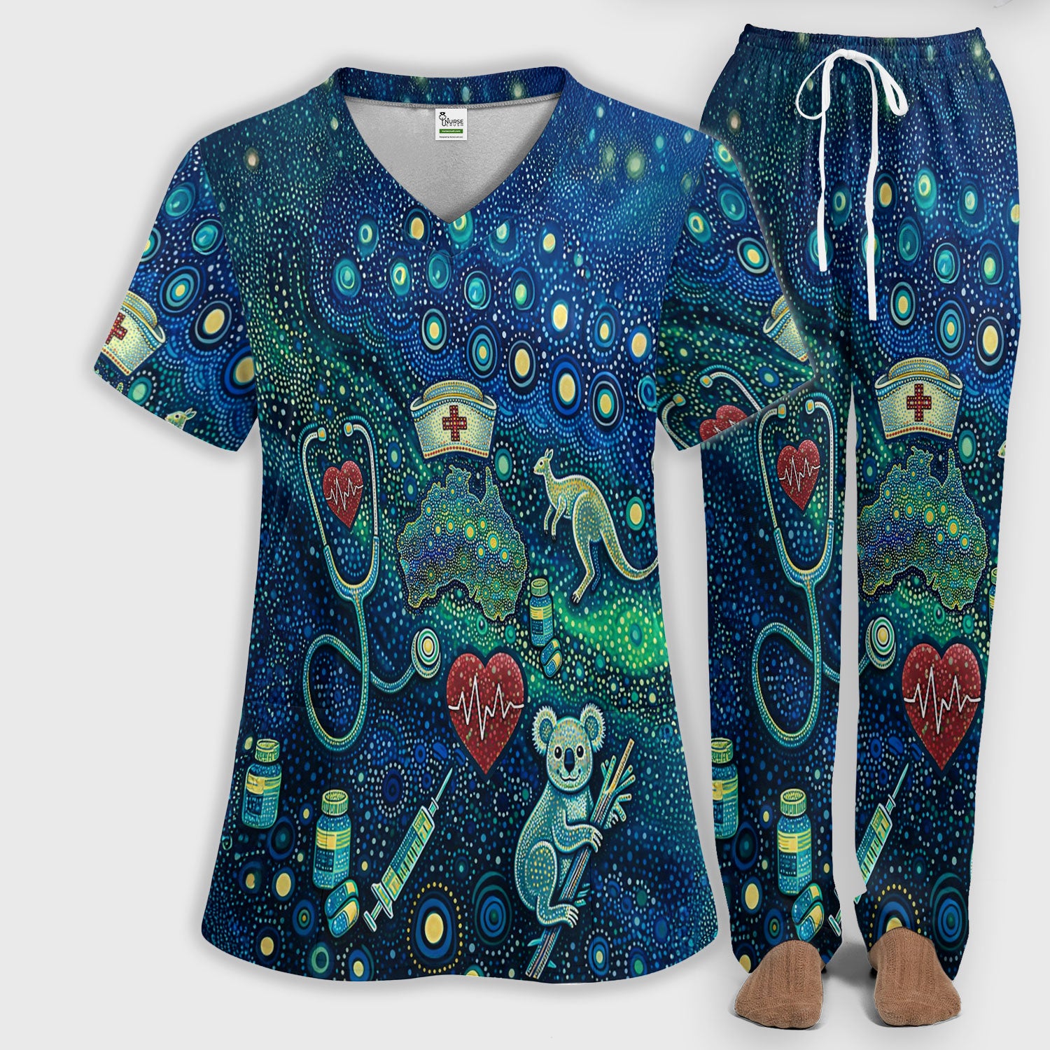 Aboriginal Nurse Australia Scrub Set, Kangaroo Koala Dot Art Medical Pattern Shirt, Breathable Fabrics Nursing Uniform