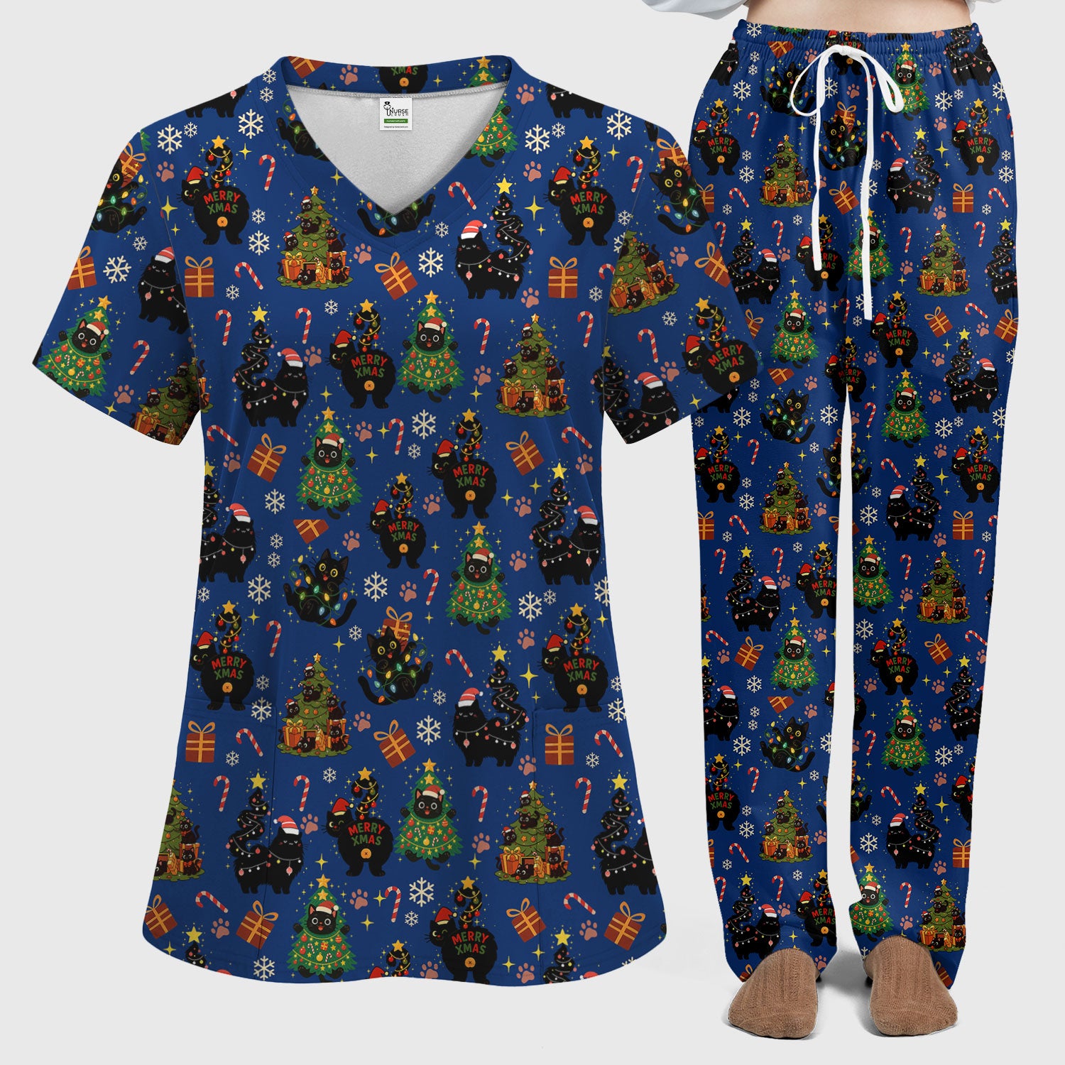 Christmas Cat Scrub Set for Women - Black Cat and Tree Pattern Holiday Nurse Scrubs - Cute Gift for RN LPN CNA