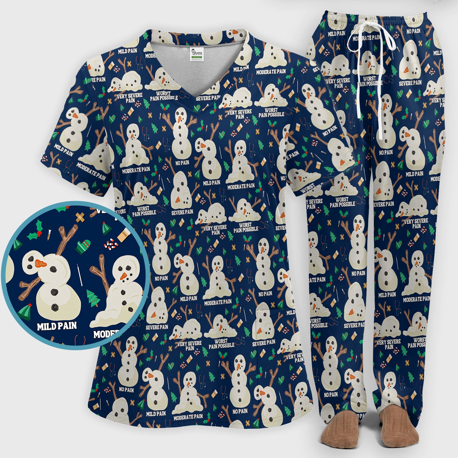Funny Snowman Pain Scale Scrub Set for Nurse - Christmas Medical Pants and V Neck Top for Women RN LPN CNA