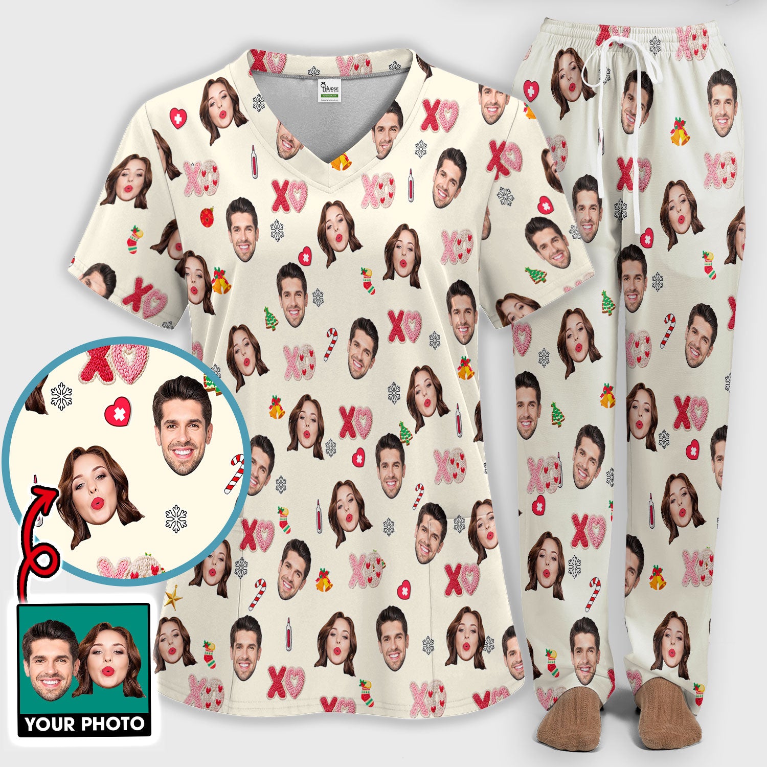 Personalized Photo Scrub Set, Custom Face XOXO Scrub Shirt, Breathable Fabrics Nursing Uniform