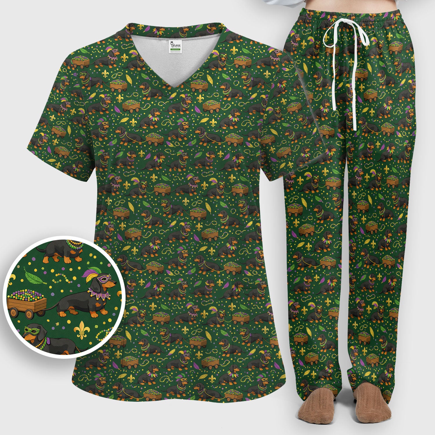 Funny Mardi Gras Dachshund Scrub Set, Festival Wiener Dog Pattern Nurse Shirt, Breathable Fabrics Nursing Uniform