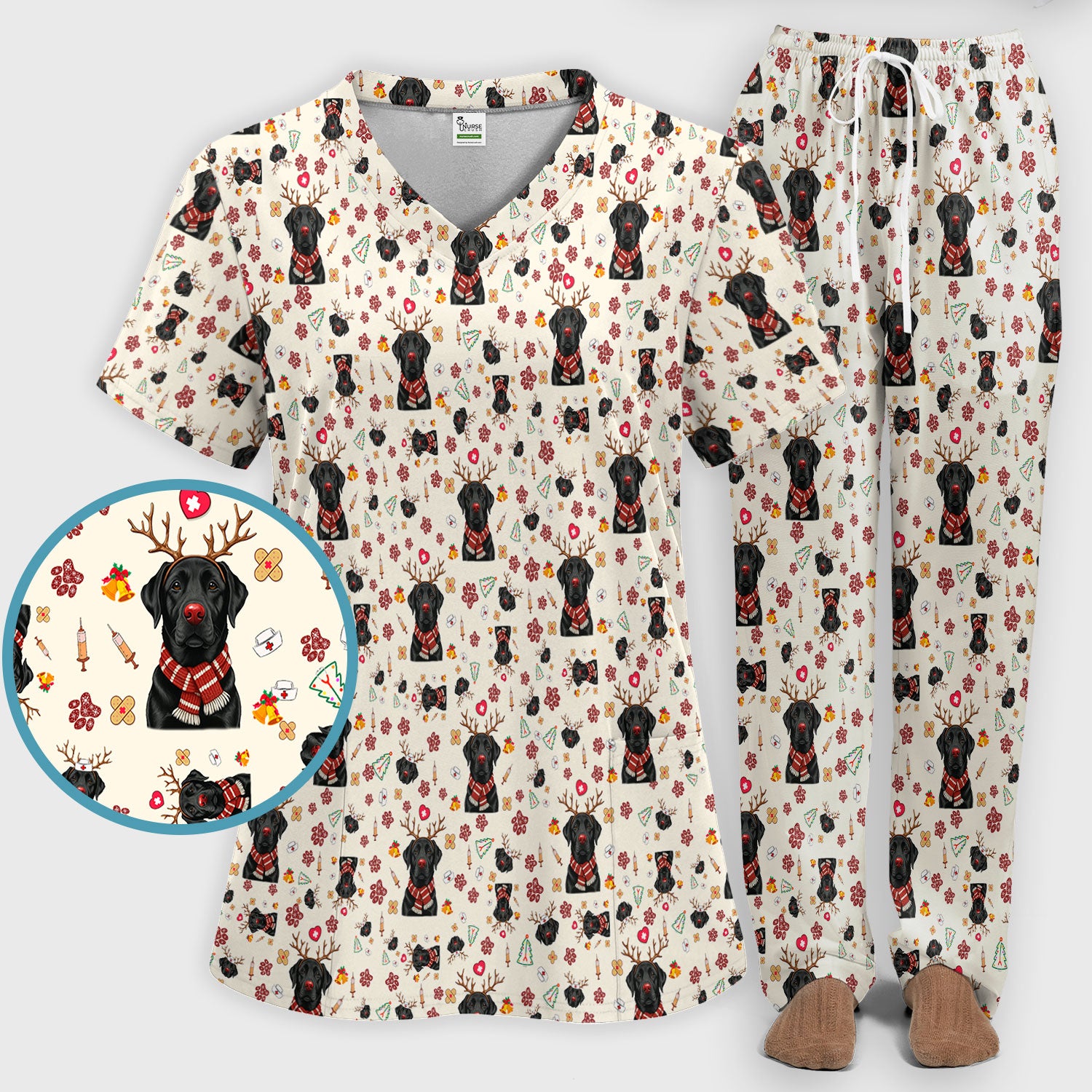 Black Lab Christmas Scrub Set - Funny Labrador Nursing Pants and V Neck Top - Cute Holiday Medical Uniform