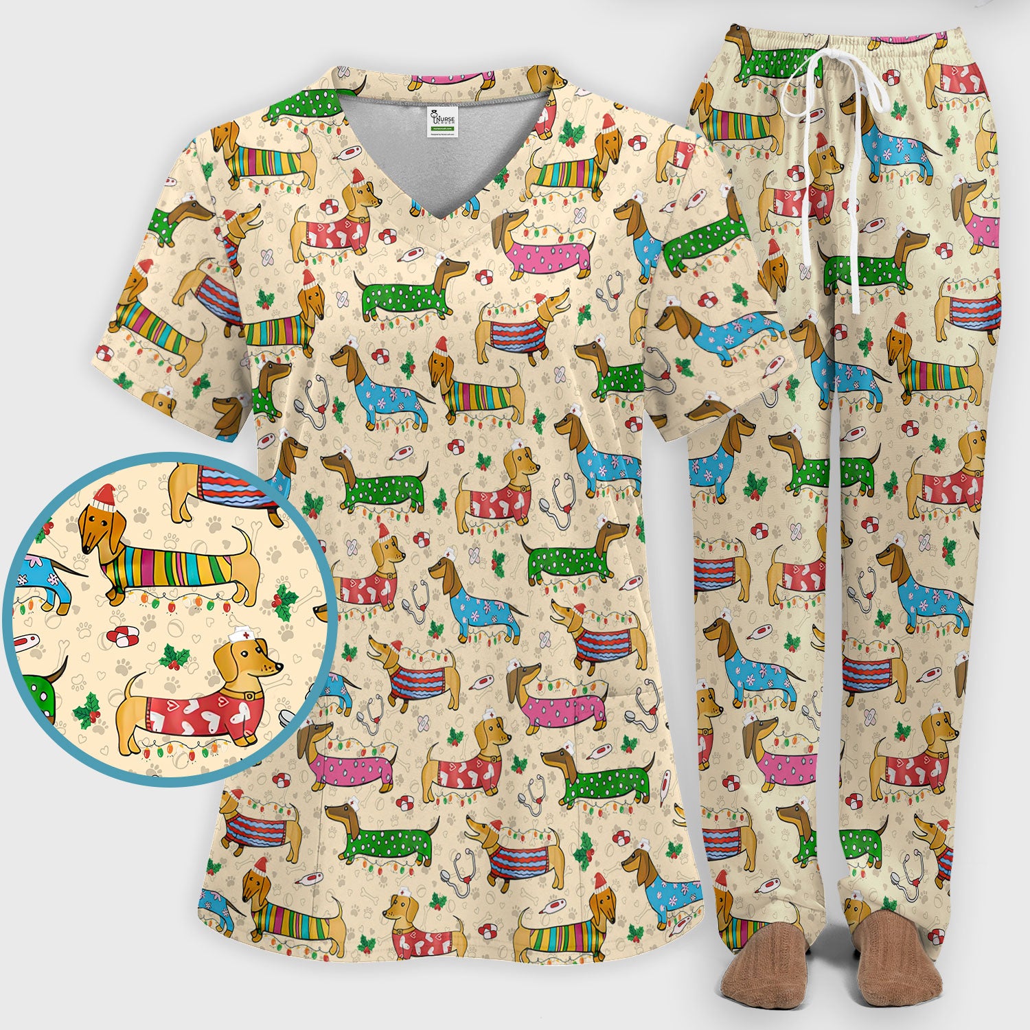 Christmas Dachshund Scrub Set for Nurses - Cute Wiener Dog in Holiday Outfit - Funny Medical Uniform Gift for Women RN LPN CNA