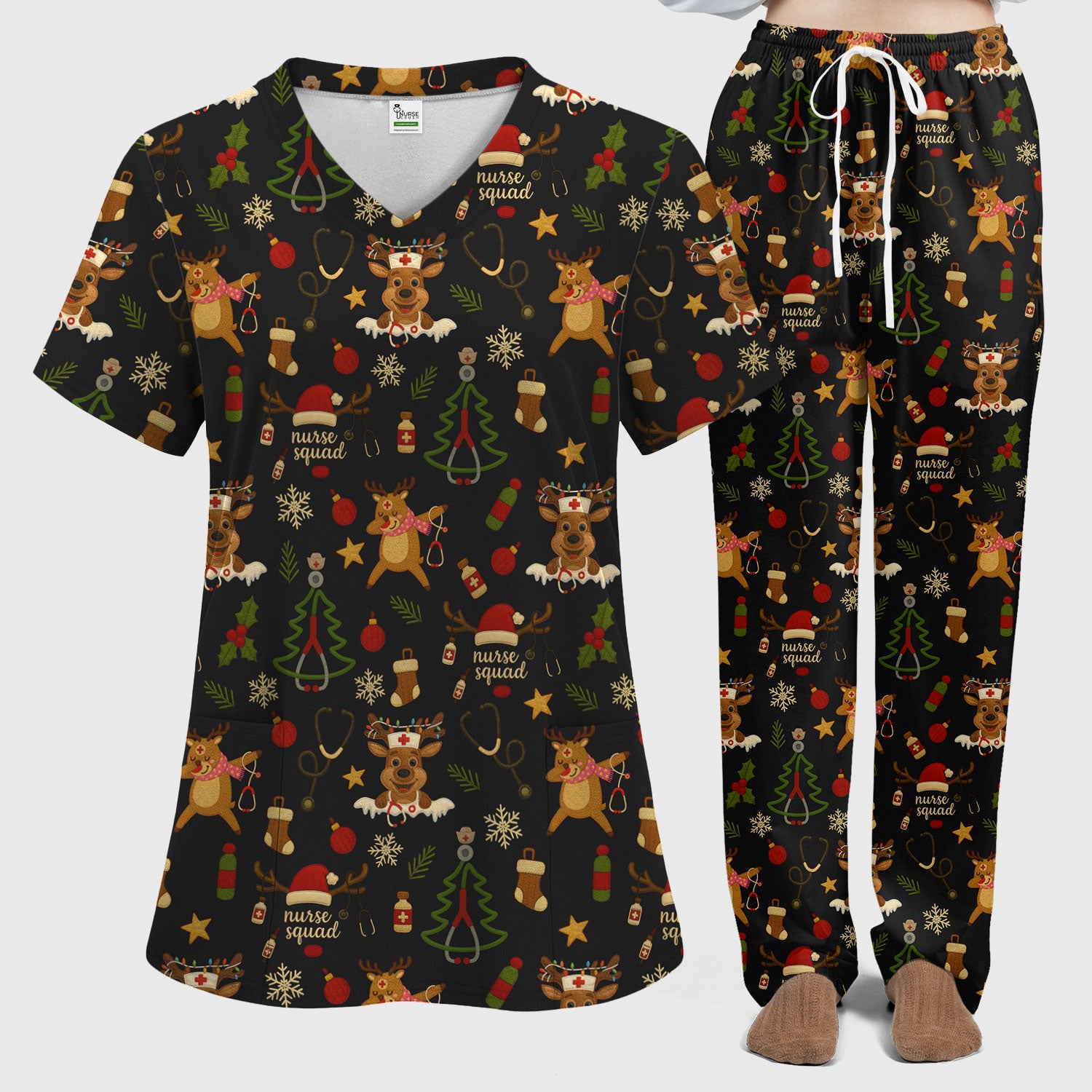 Christmas Reindeer Nurse Scrub Set for Women - Cute Holiday Pattern Scrub Top and Pants - Funny Festive Nursing Outfit Gift for RN LPN CNA