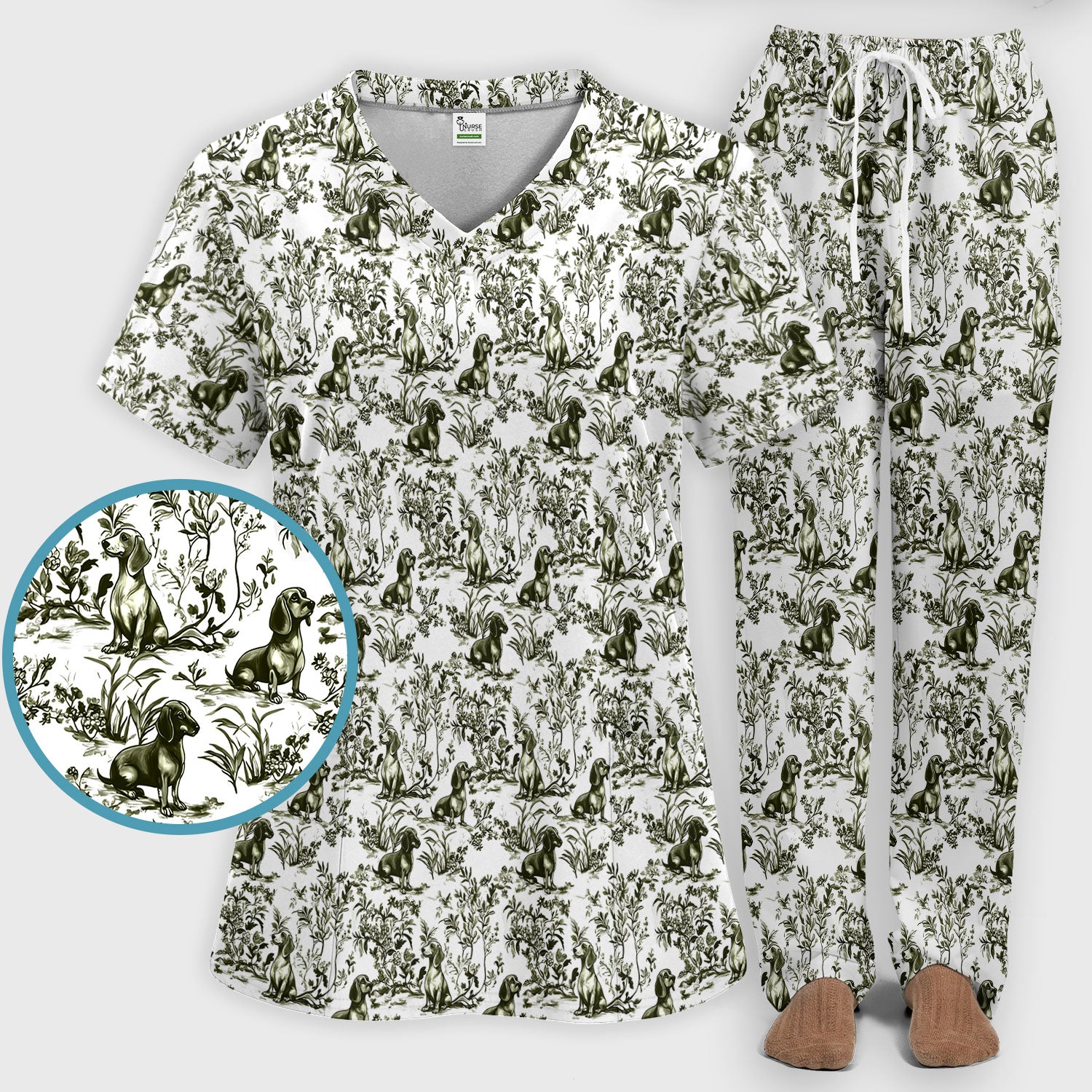 Toile de Jouy Dog Scrub Set – Elegant Blue Dachshund Pattern – Cute Medical Uniform for Nurses, Vets, and Animal Care Workers