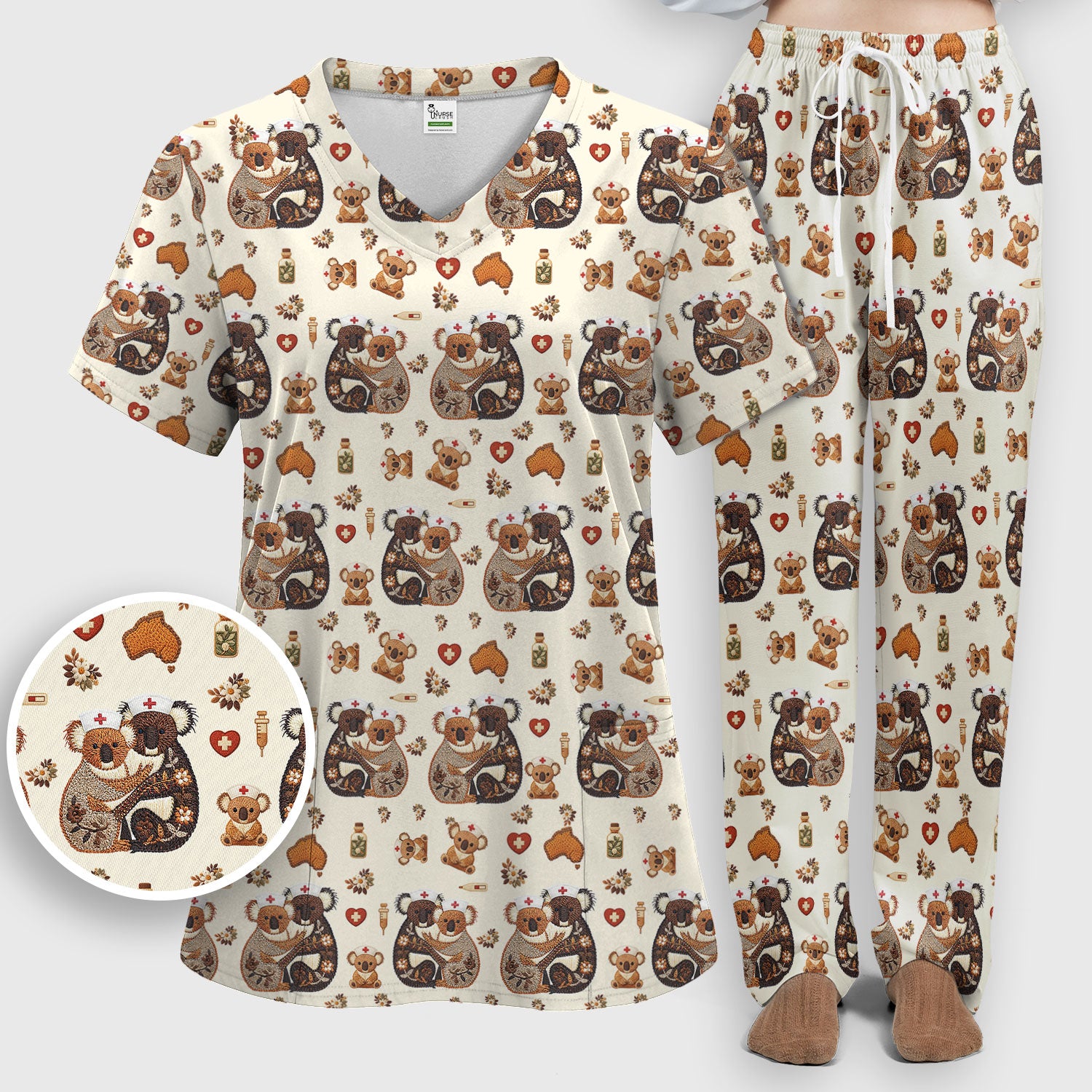 Cute Cartoon Koala Valentine Nurse Design Scrub Set, Breathable Med Uniform
