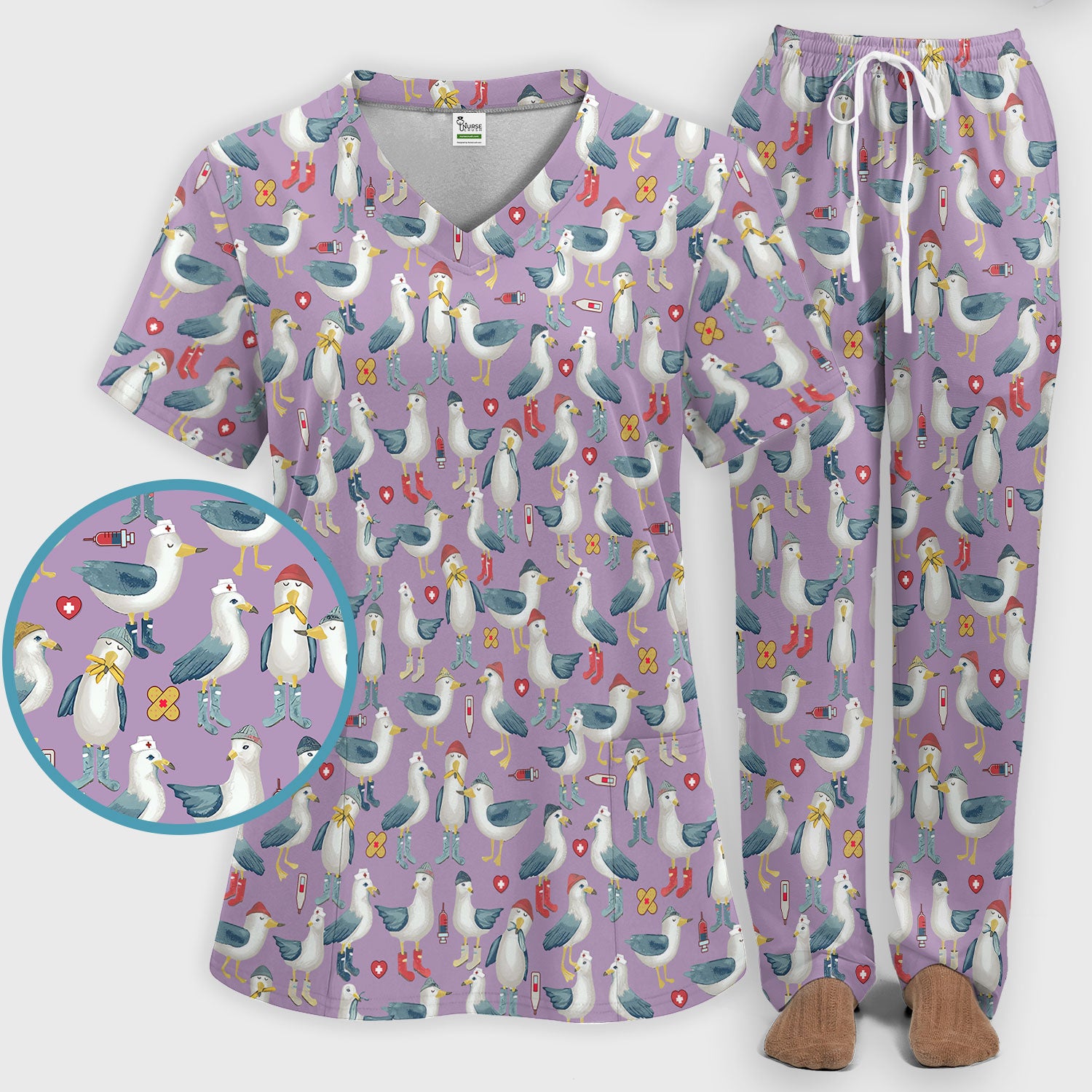 Seagull Scrub Set for Nurses - Adorable Birds Medical Uniform - Funny Scrubs Pants and V Neck Top for RN CNA LPN