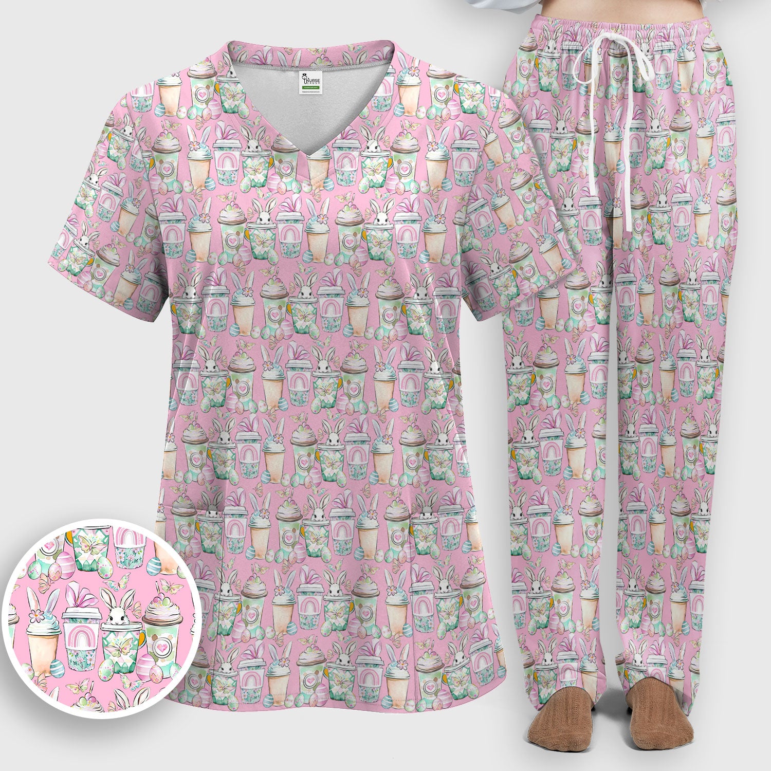 Cute Easter Bunny Coffee Cup Pattern Scrub Sets, Scrub Pants and V Neck Top