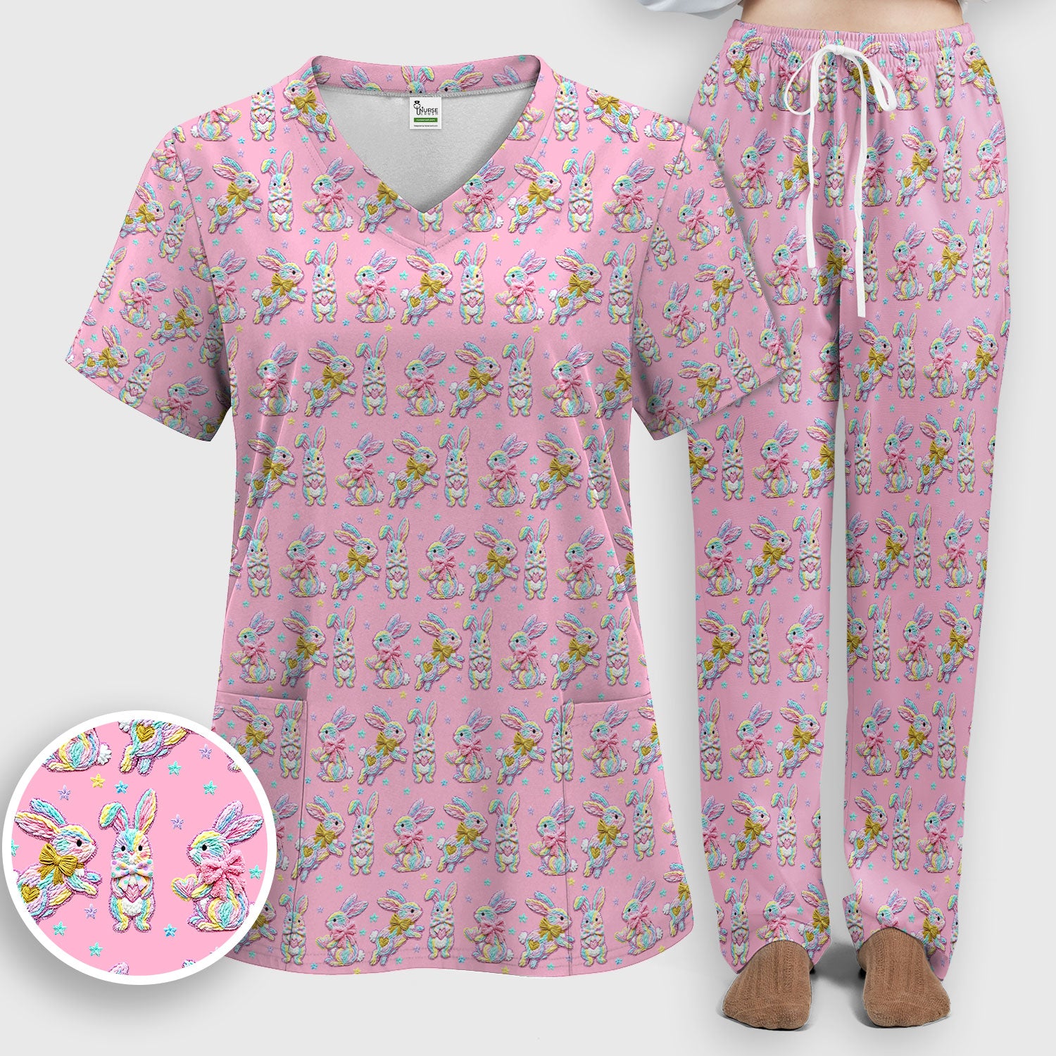 Cartoon Bunny All Over Print Set, Scrub Pants and V Neck Top