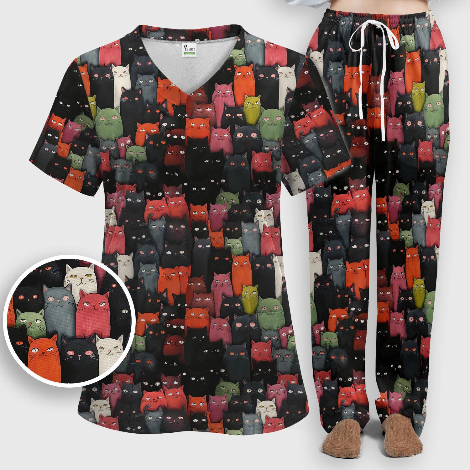 Cat Pattern Nurse Scrub Set, Artistic Cat Nurses Shirt For Women, Breathable Fabrics Nursing Uniform
