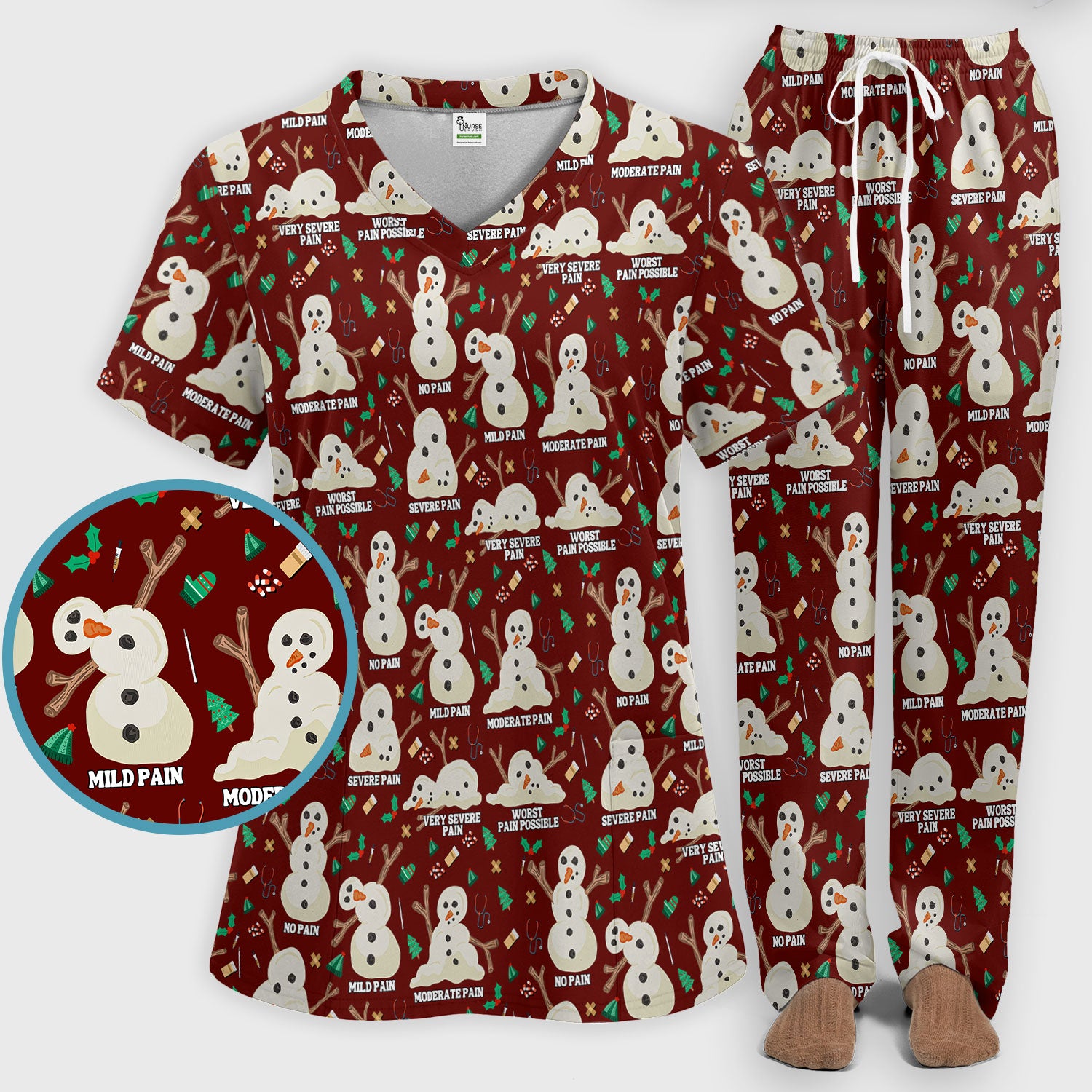 Funny Snowman Pain Scale Scrub Set for Nurse - Christmas Medical Pants and V Neck Top for Women RN LPN CNA
