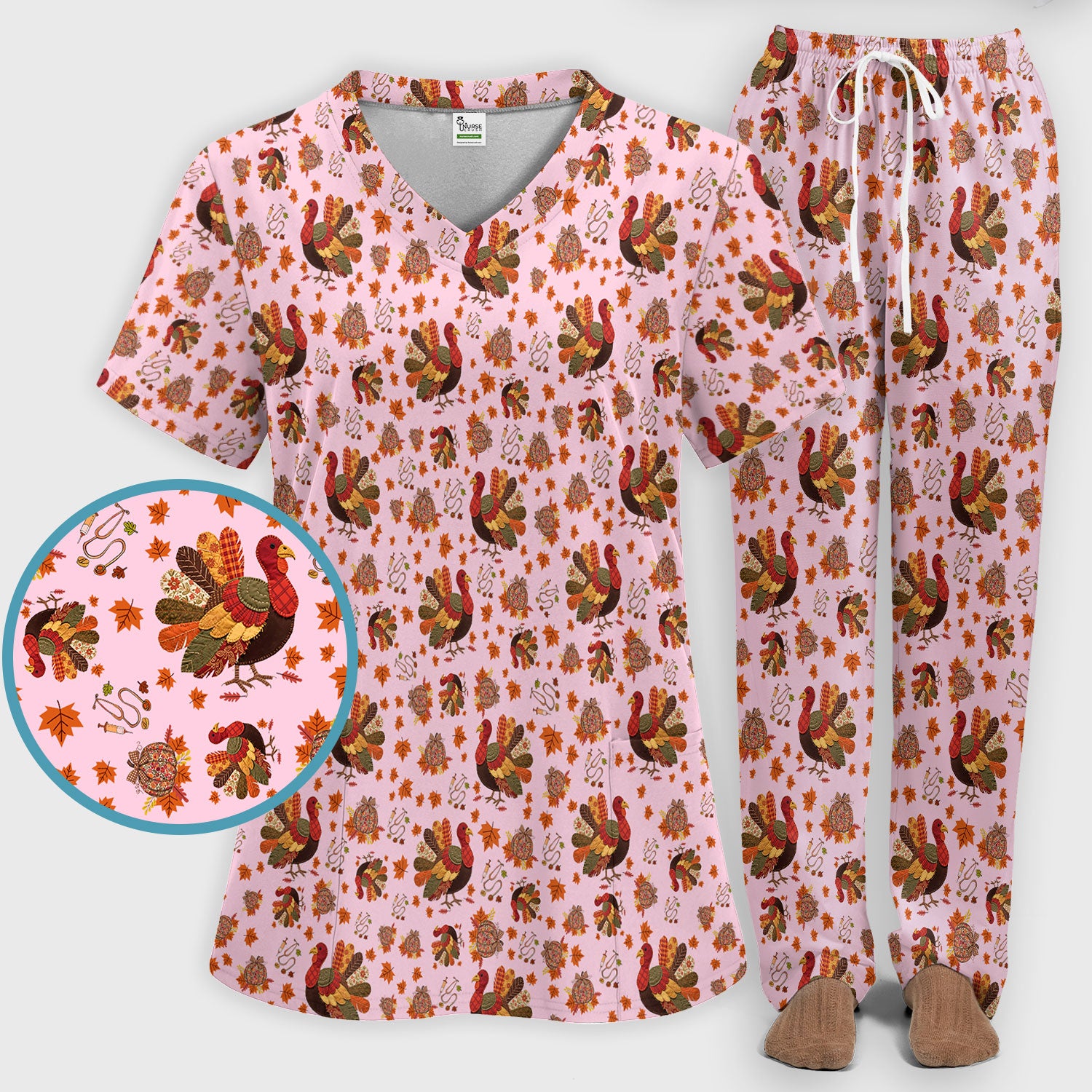 Fall Leaves Thanksgiving Women's Scrub Set - Comfortable Scrub Pants and V Neck Top - Funny Turkey Nursing Uniform
