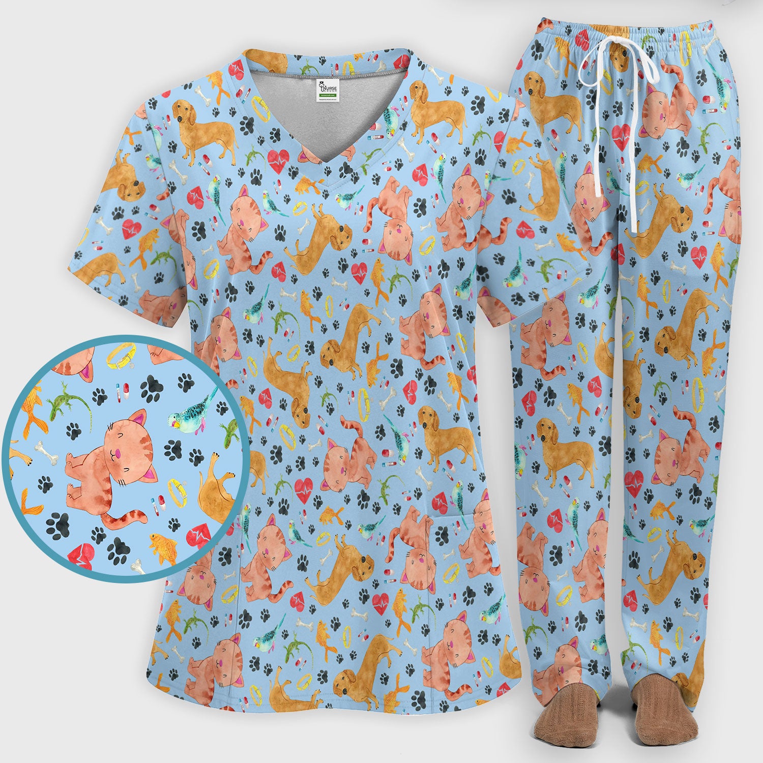 Cute Cat Dog Scrub Set - Animal Lover Medical Uniform - Funny Veterinary Nurse Gift for Women RN CNA LPN