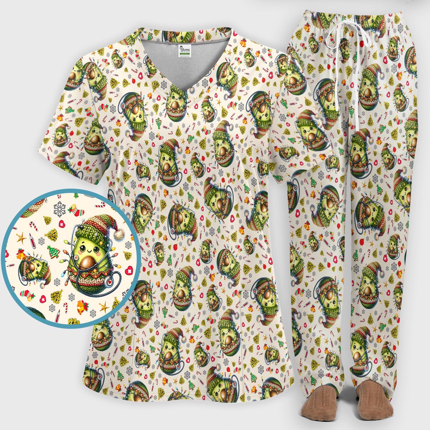 Avocado Scrub Set for Nurse - Funny Christmas Nursing Pants and V Neck Top - Cute Holiday Medical Uniform