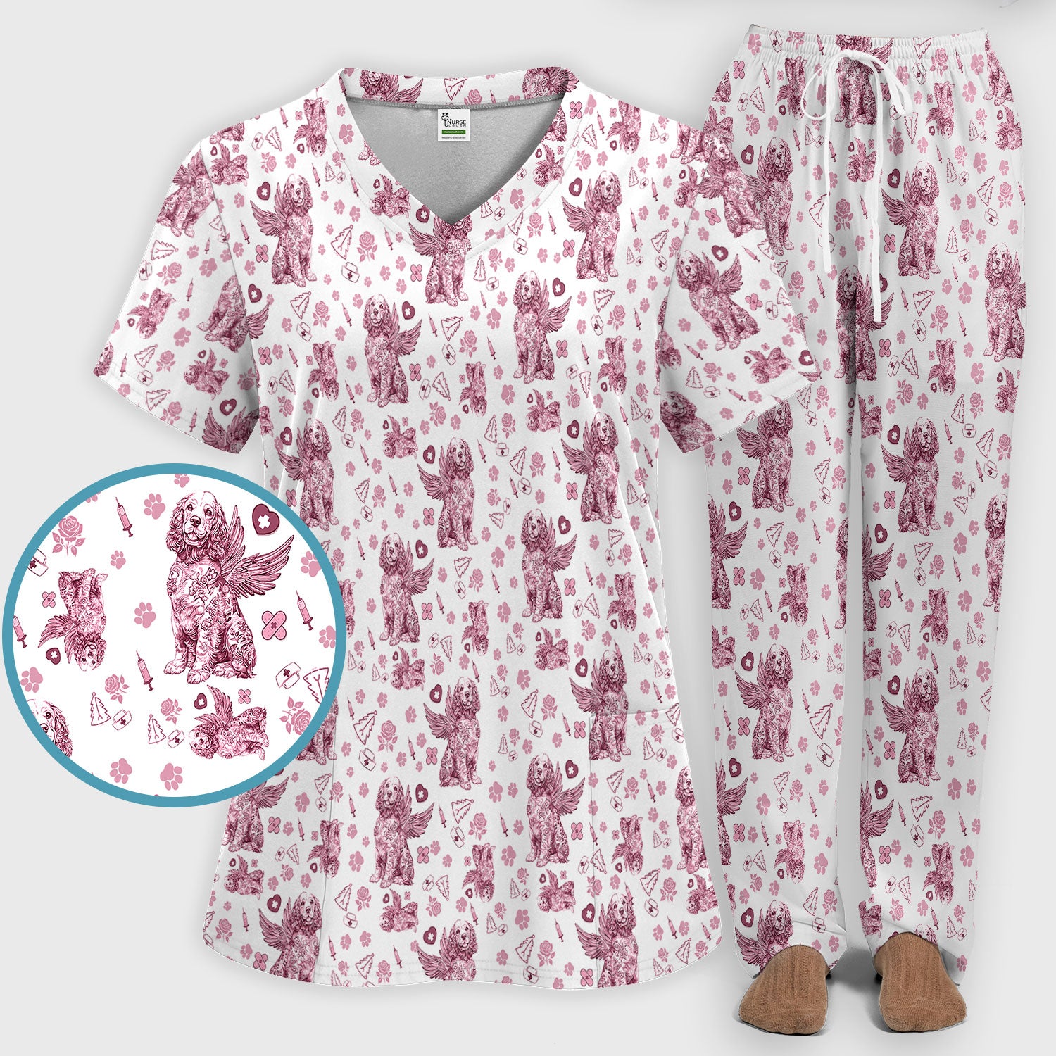 Toile De Jouy Scrub Set for Nurses - Angel Puppy Medical Uniform - Floral Dog in Heaven Gift for Women, Vet Techs, RN CNA LPN